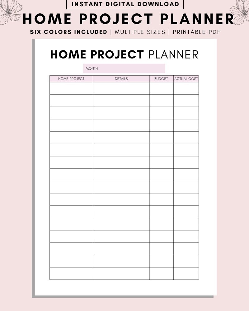 Simple Home Project Printable Home Project Planner Template Renovation Budget Home Project Printable Household Plan New Home Management Etsy