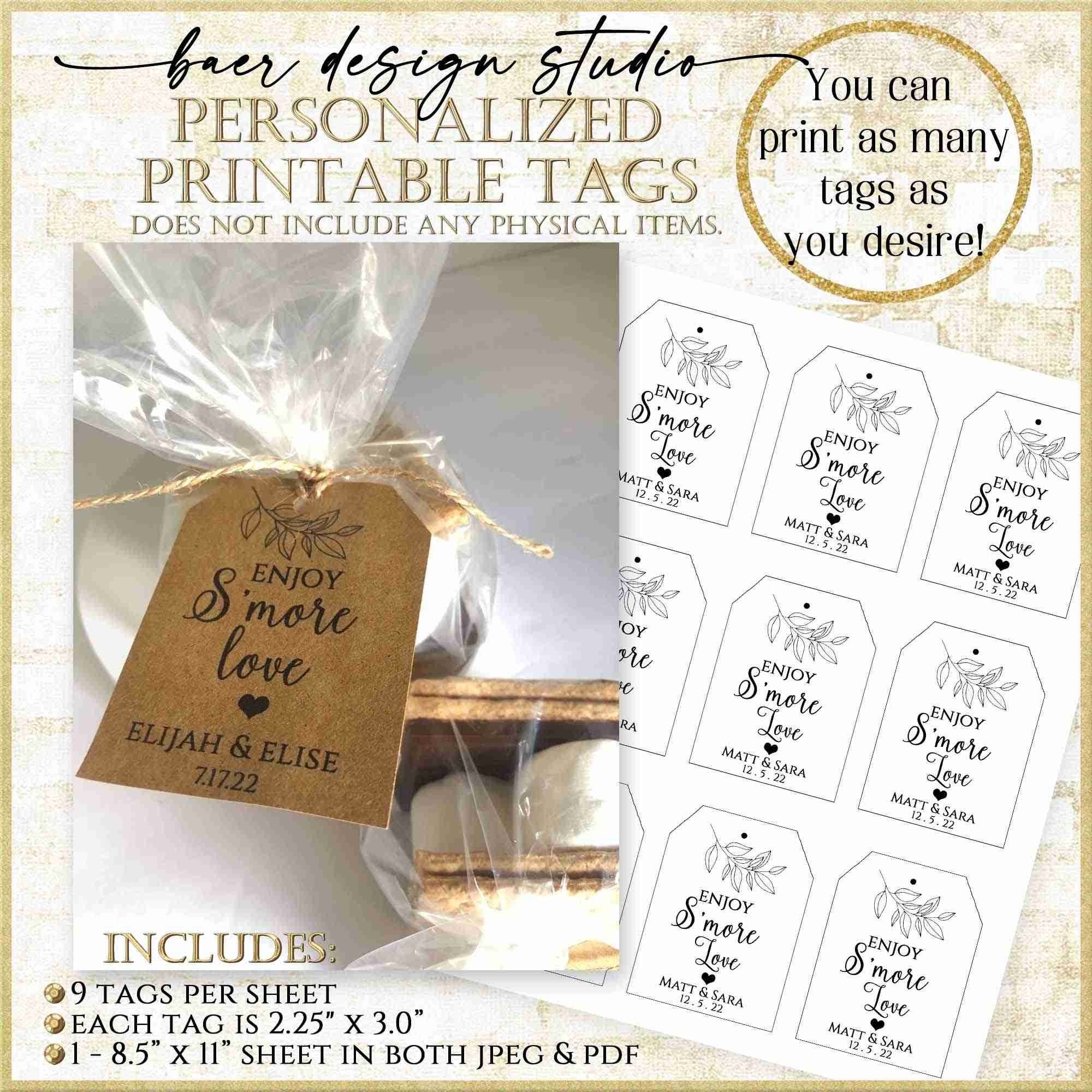Smore Love Party Favors Tags Printable Tag Include Personalization 9522 Baer Design Studio