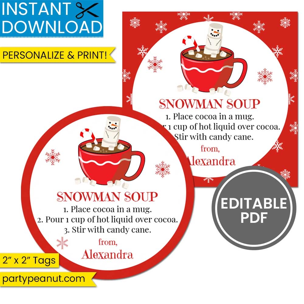 Snowman Soup Tags Hot Chocolate Tags Party Peanut