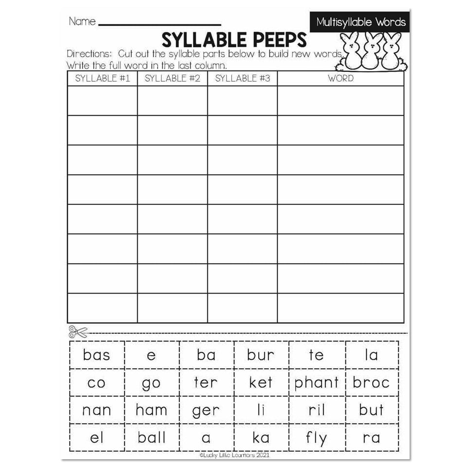 Spring Early Finishers 2nd Grade ELA Multisyllabic Words Syllable Peeps Lucky Little Learners