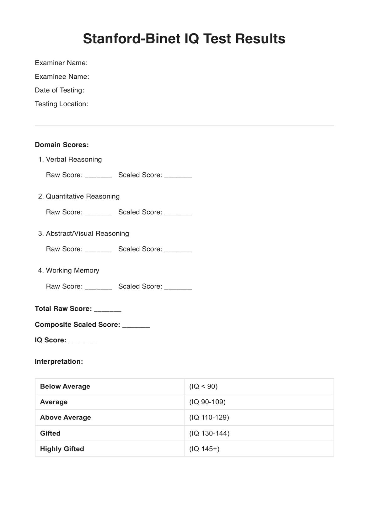 Stanford Binet IQ Test Example Free PDF Download