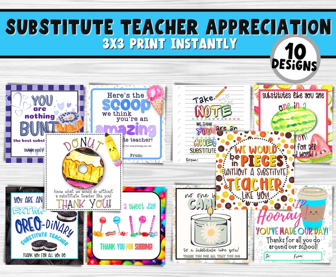 Substitute Teacher Appreciation Printable Gift Tags National Substitute Teacher Day DIY Substitute Bulk Gift Idea Thank A Substitute Etsy