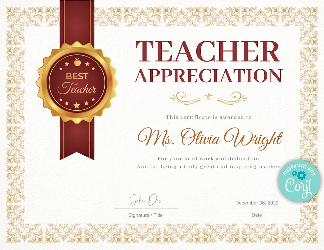 Teacher Appreciation Award Certificate Template Teacher Gift Award Certificate For Teacher Printable Award Certificate Teachers Week Etsy