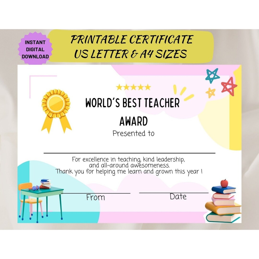 Teacher Appreciation Award Custom Certificate Template Worlds Best Teacher Personalized Teacher Gift Printable Award Certificate PDF Etsy