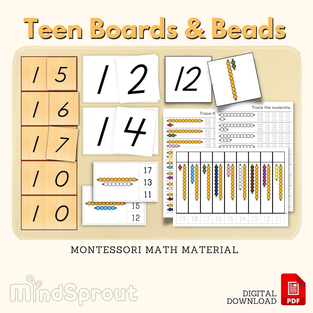 Teen Boards Teen Beads Montessori Math Material Extension Activity Worksheet Coloring Matching Bead Bars Clip Cards Activity PDF Printable Etsy