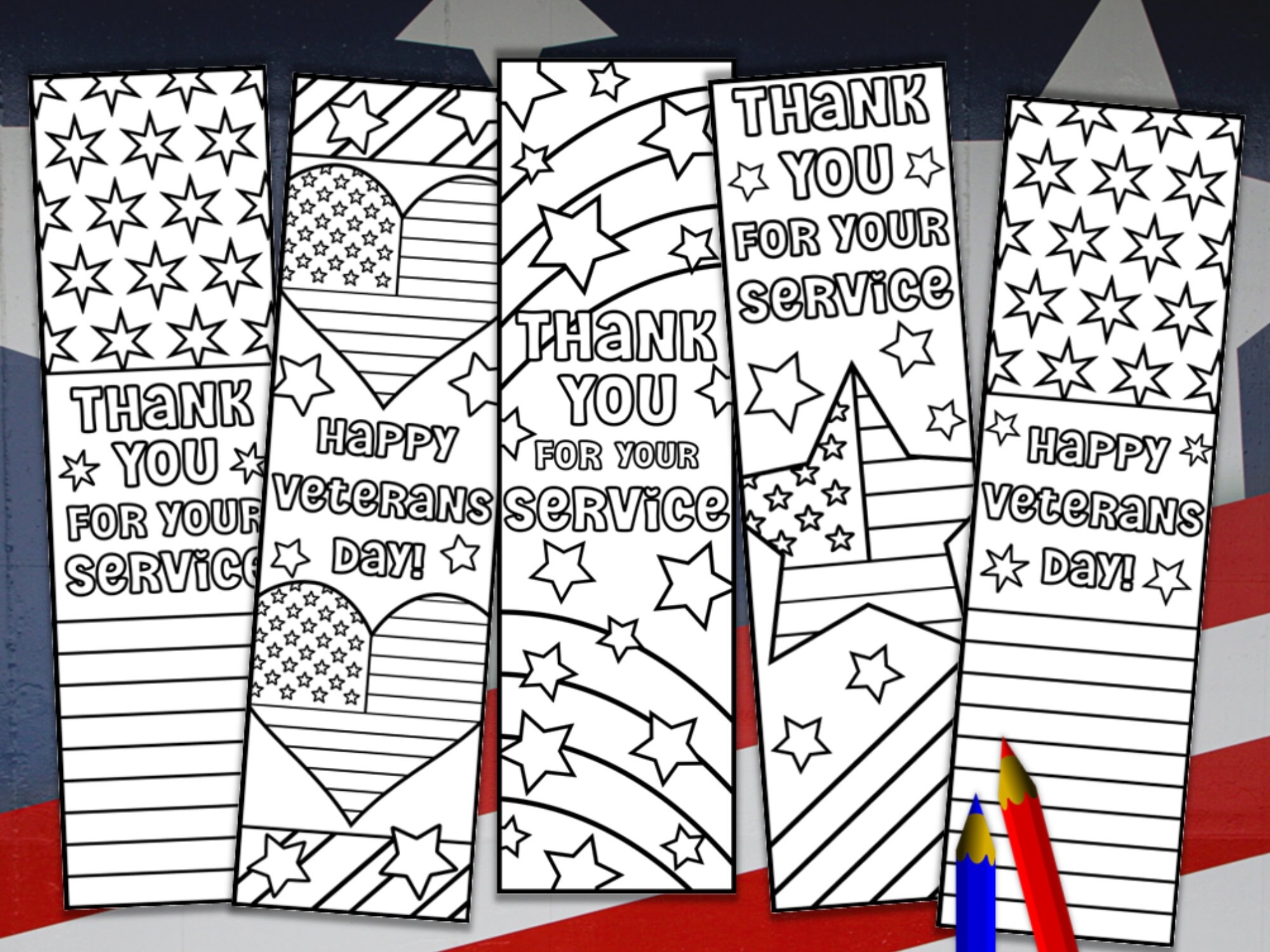 Thank You For Your Service Happy Veterans Day Kids Coloring Bookmarks Perfect Gift For Veterans From Kids Etsy
