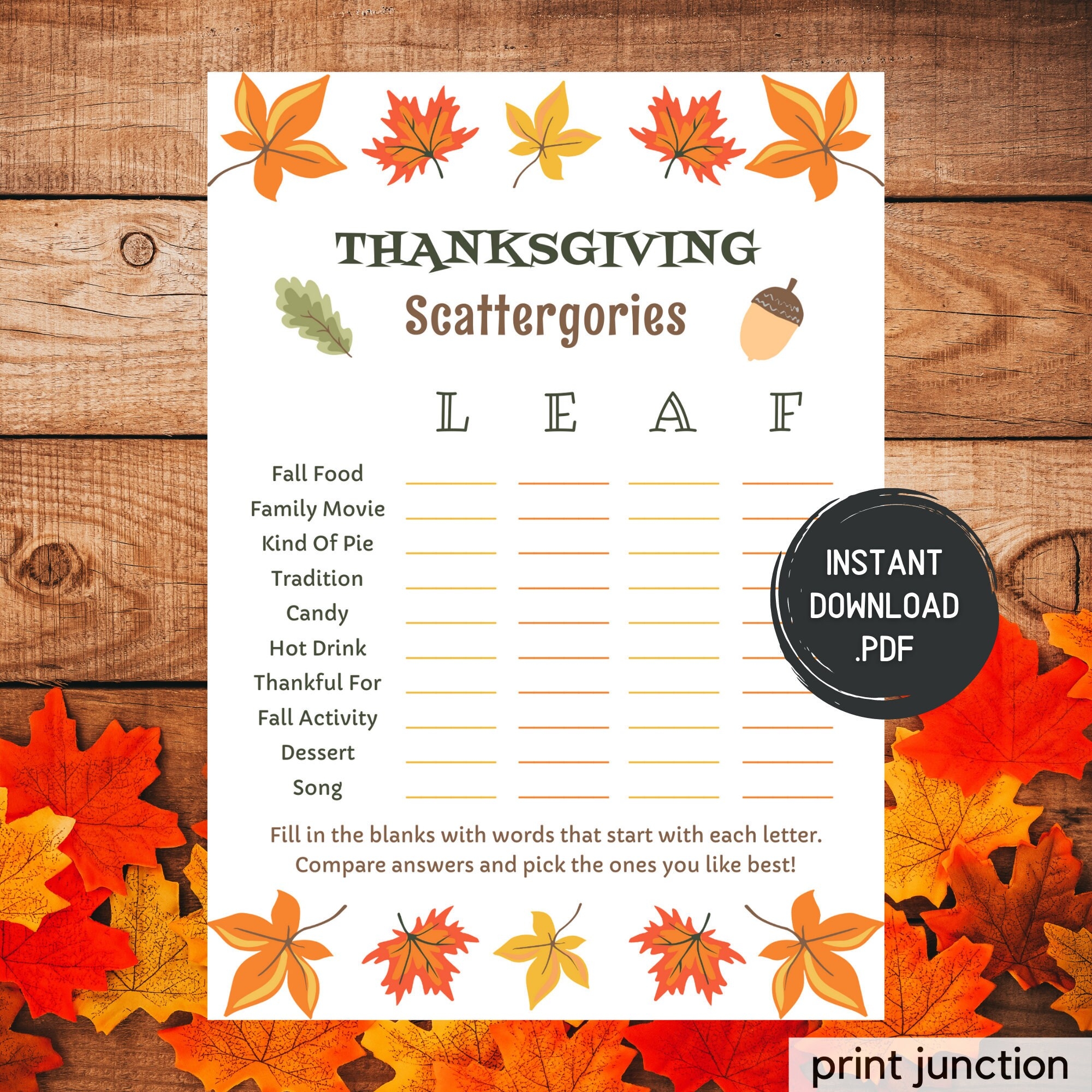 Thanksgiving Games Thanksgiving Scattergories Fall Scattergories Game Printable Fall Family Game Fall Kids Games Thanksgiving Game Etsy