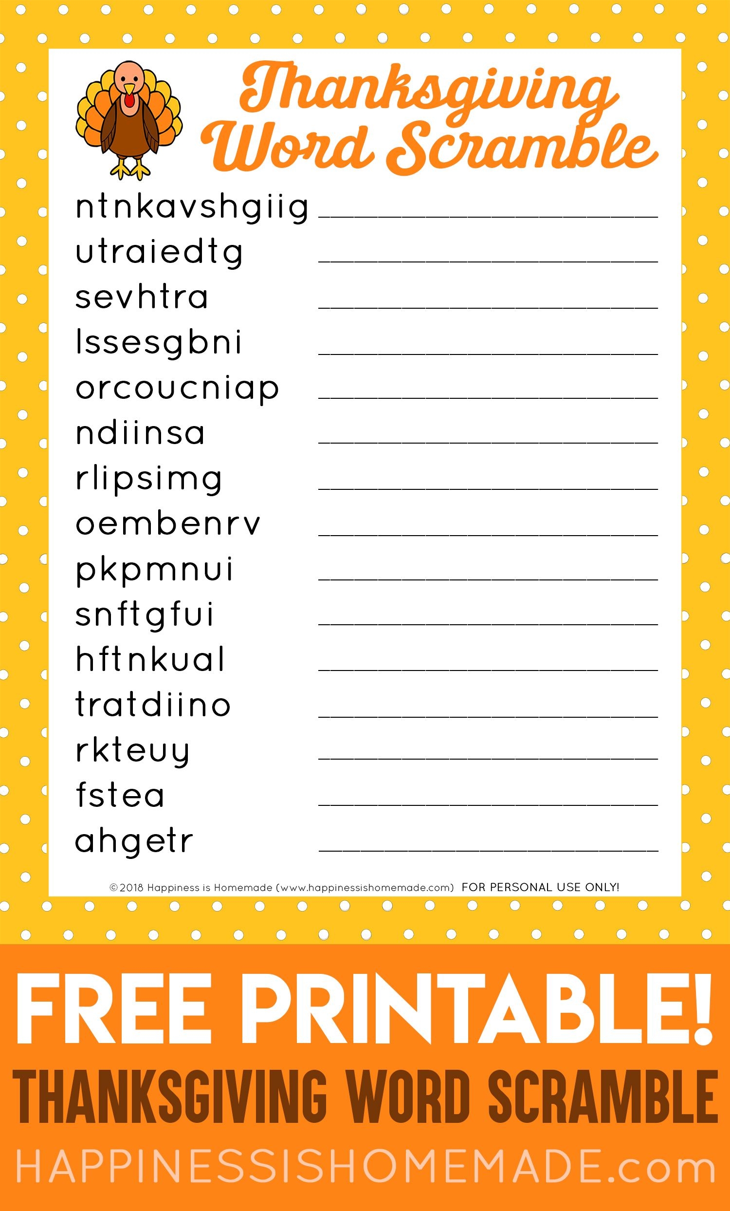 Thanksgiving Word Scramble Puzzle