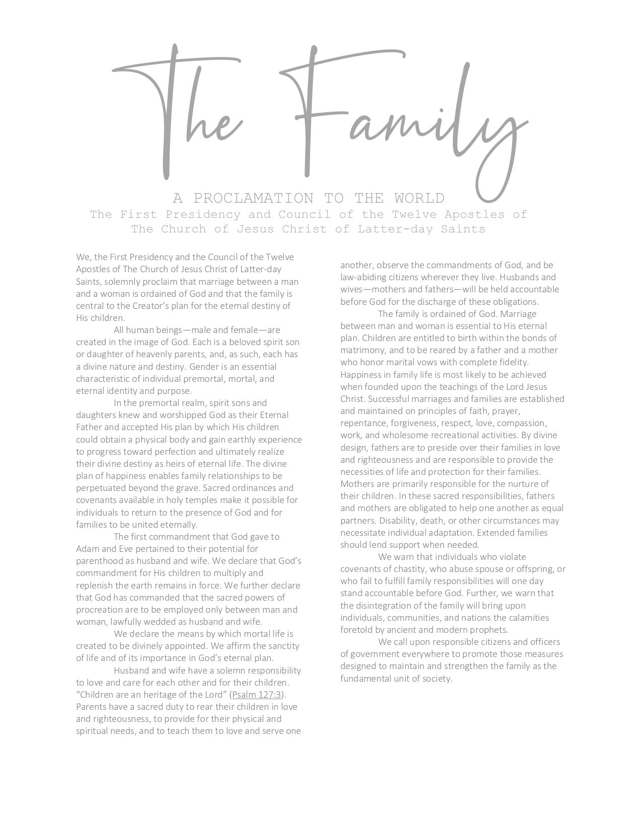 The Family Proclamation PRINTABLE PDF Etsy
