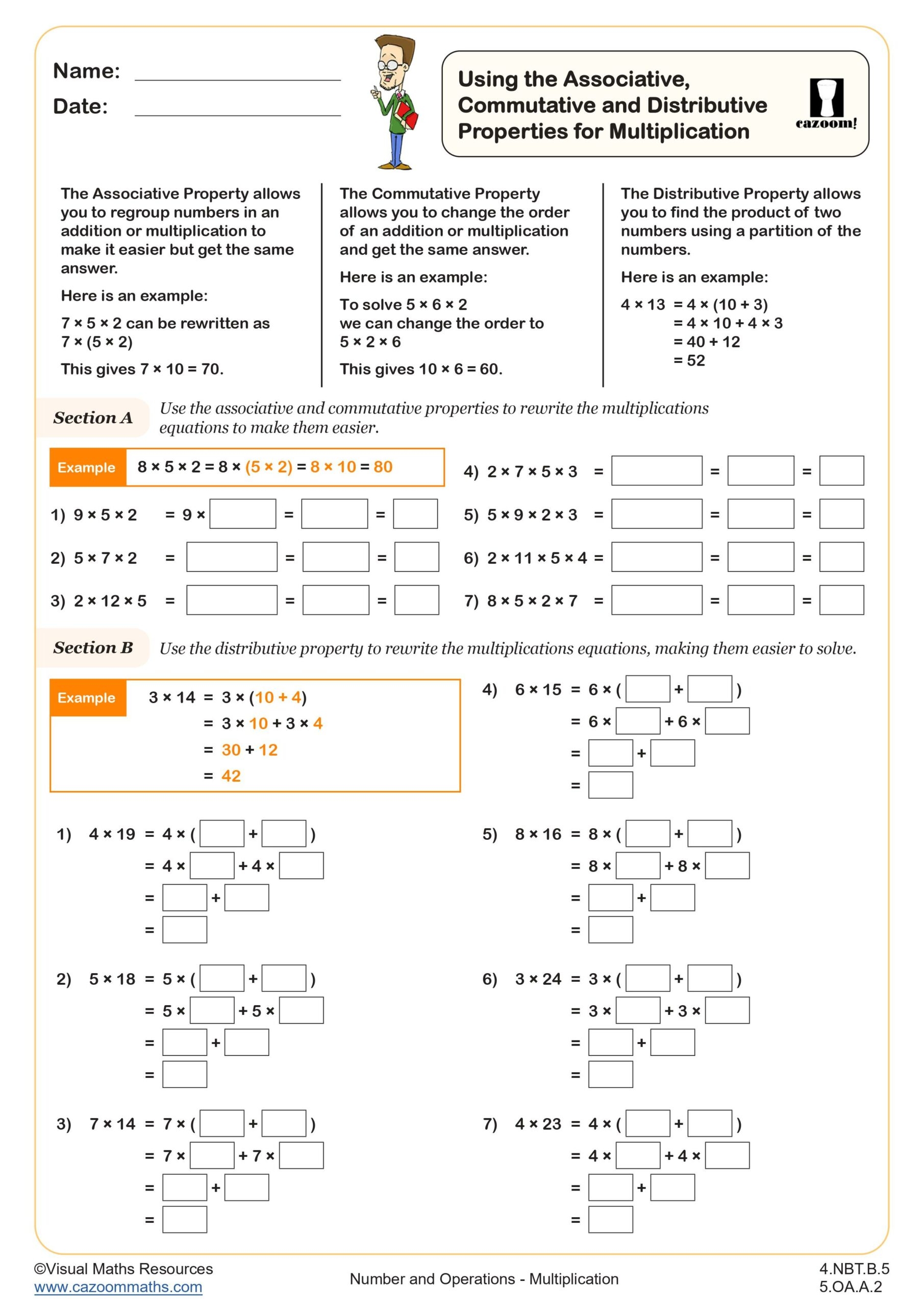 Using The Associative Commutative And Distributive Properties For Multiplication Worksheet Printable PDF 4th And 5th Grade Number Operations Worksheet