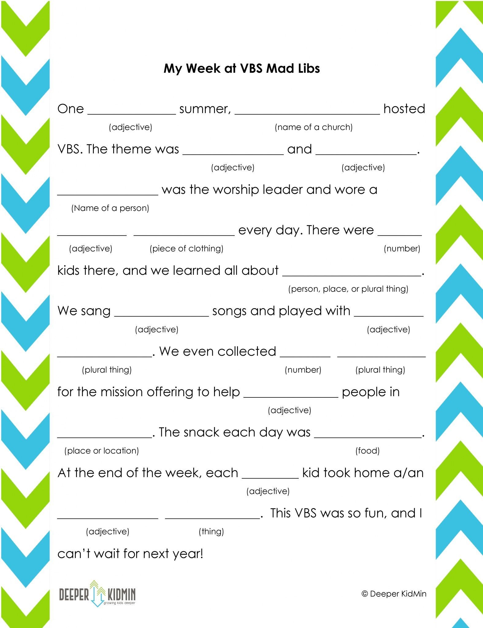 VBS Mad Libs Game For Kids Deeper KidMin