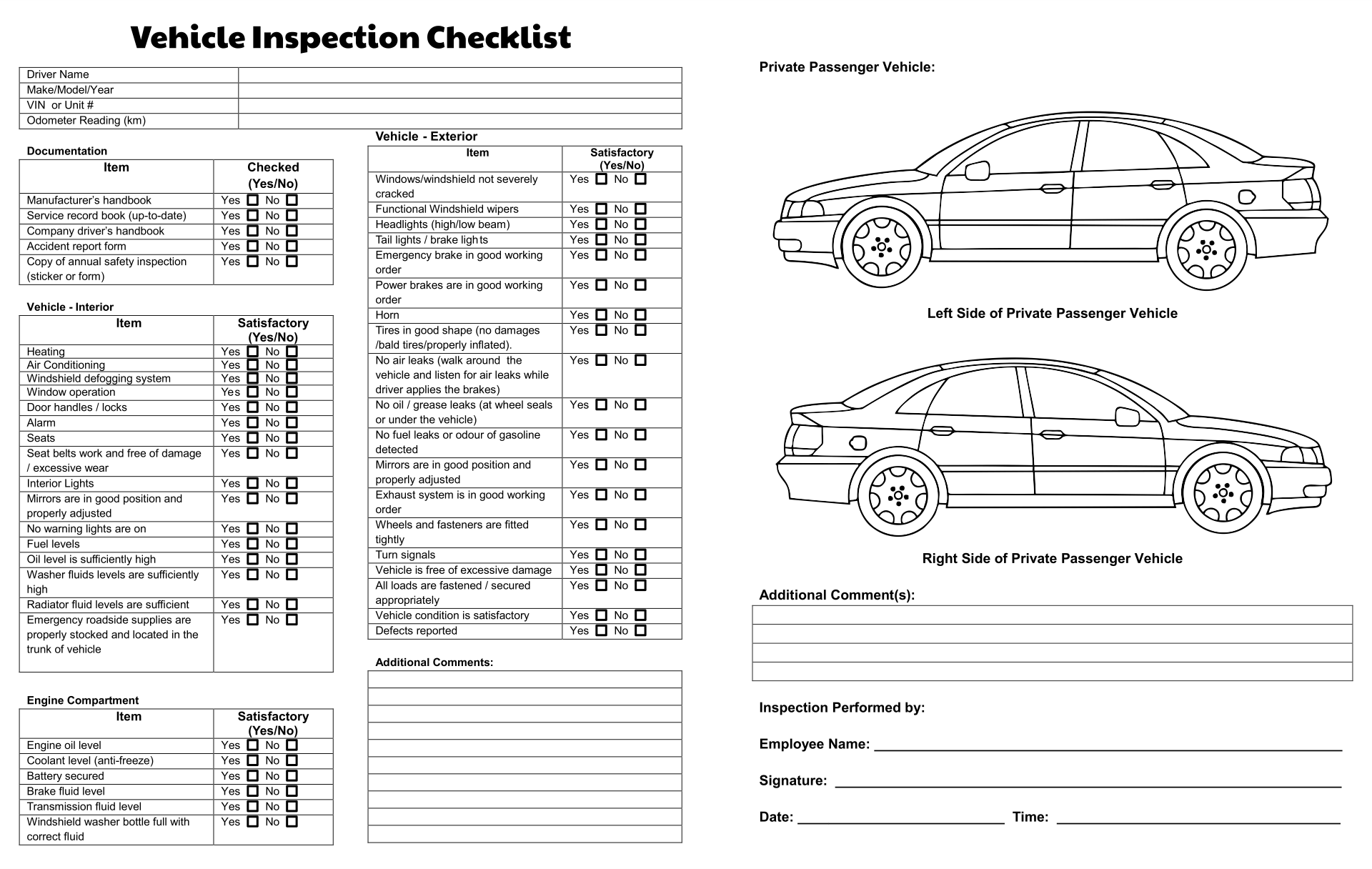 Free Printable Vehicle Inspection Checklist