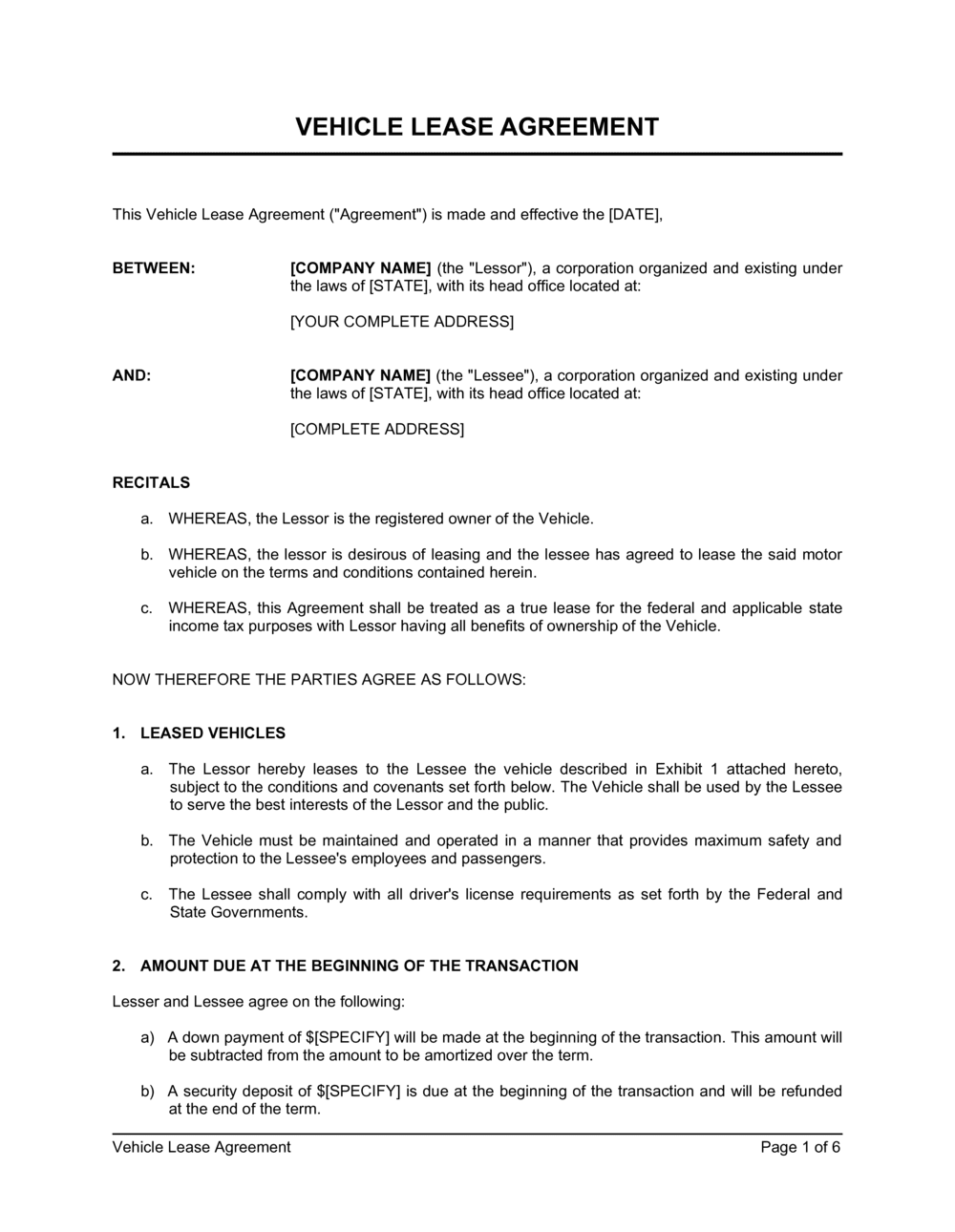 Free Printable Vehicle Lease Agreement