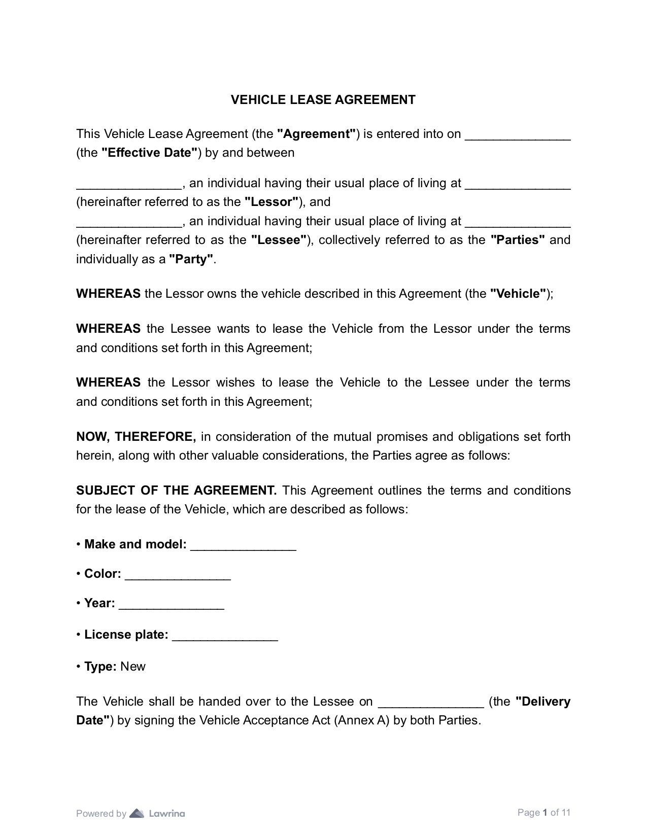 Vehicle Lease Agreement Template PDF Lawrina