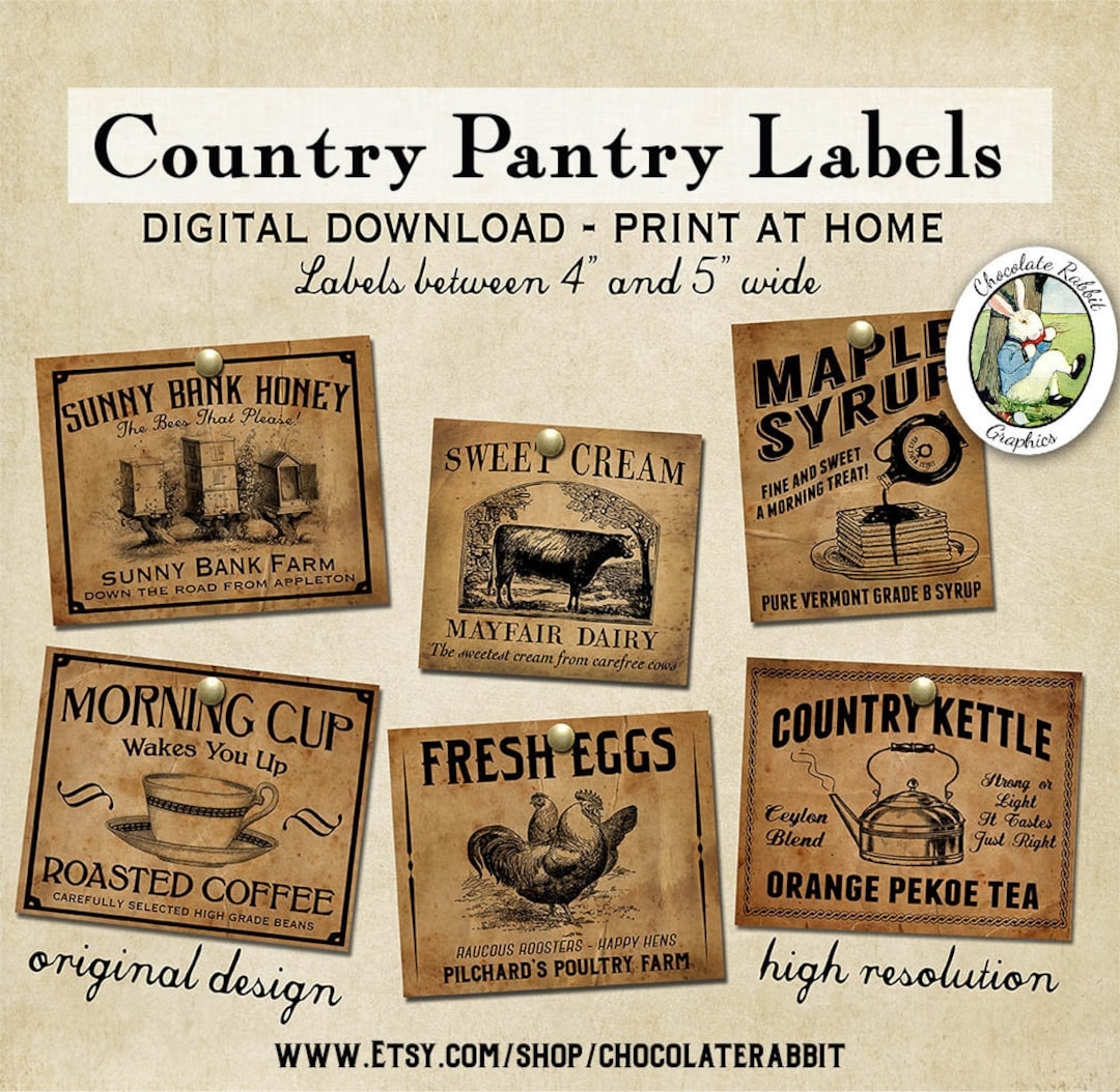 Vintage Country Primitive Pantry Labels Digital Printable Kitchen Labels Prim Clipart Kitchen Decor Vintage Style Prints Etsy
