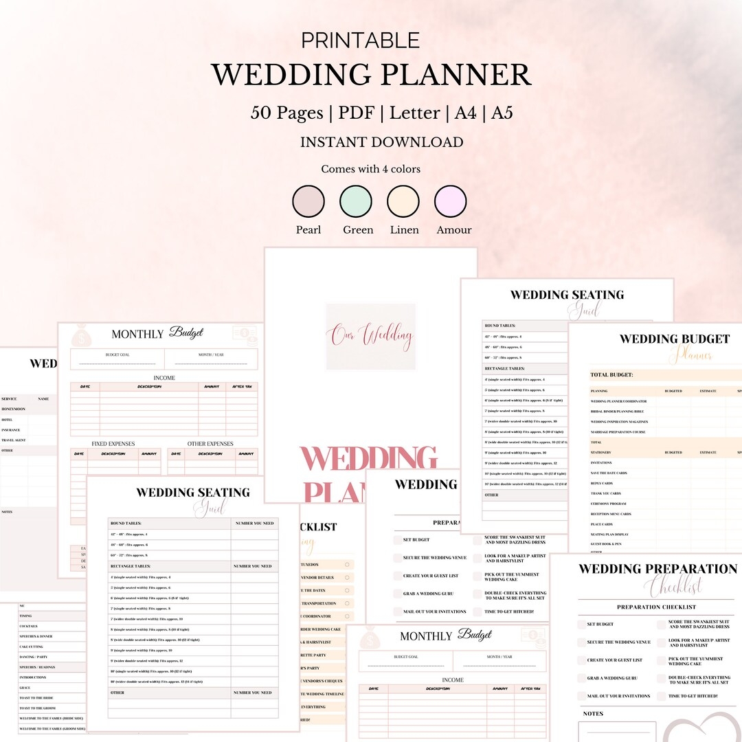 Wedding Planner Bundle A4 A5 PDF Manage Budget Itinerary Timeline Seating Venues And Vendors Printable Minimalist Guide Etsy