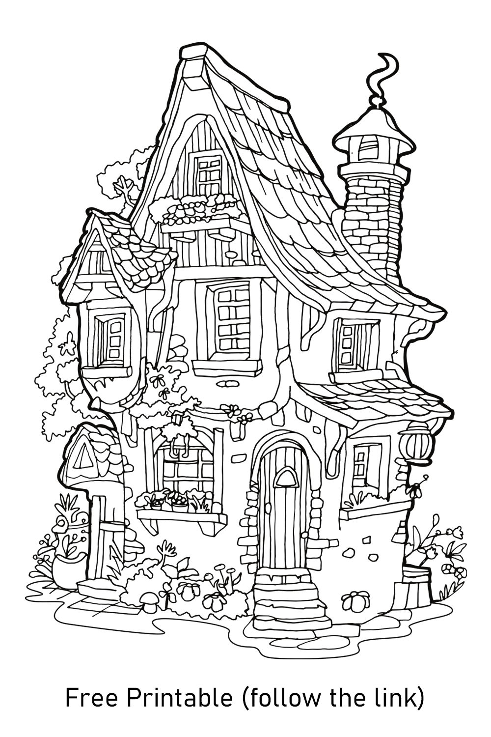 Whimsical Fairy House Free Coloring Page Printable Cottage Colouring For Relaxation Cottagecore