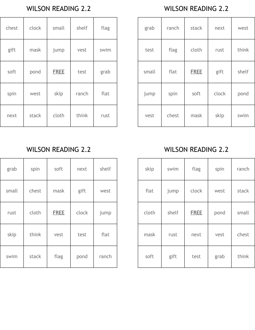 WILSON READING 2 2 Bingo Cards WordMint