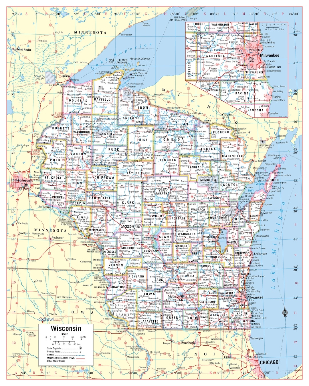 Wisconsin State Wall Map Large Print Poster 24wx30h Etsy