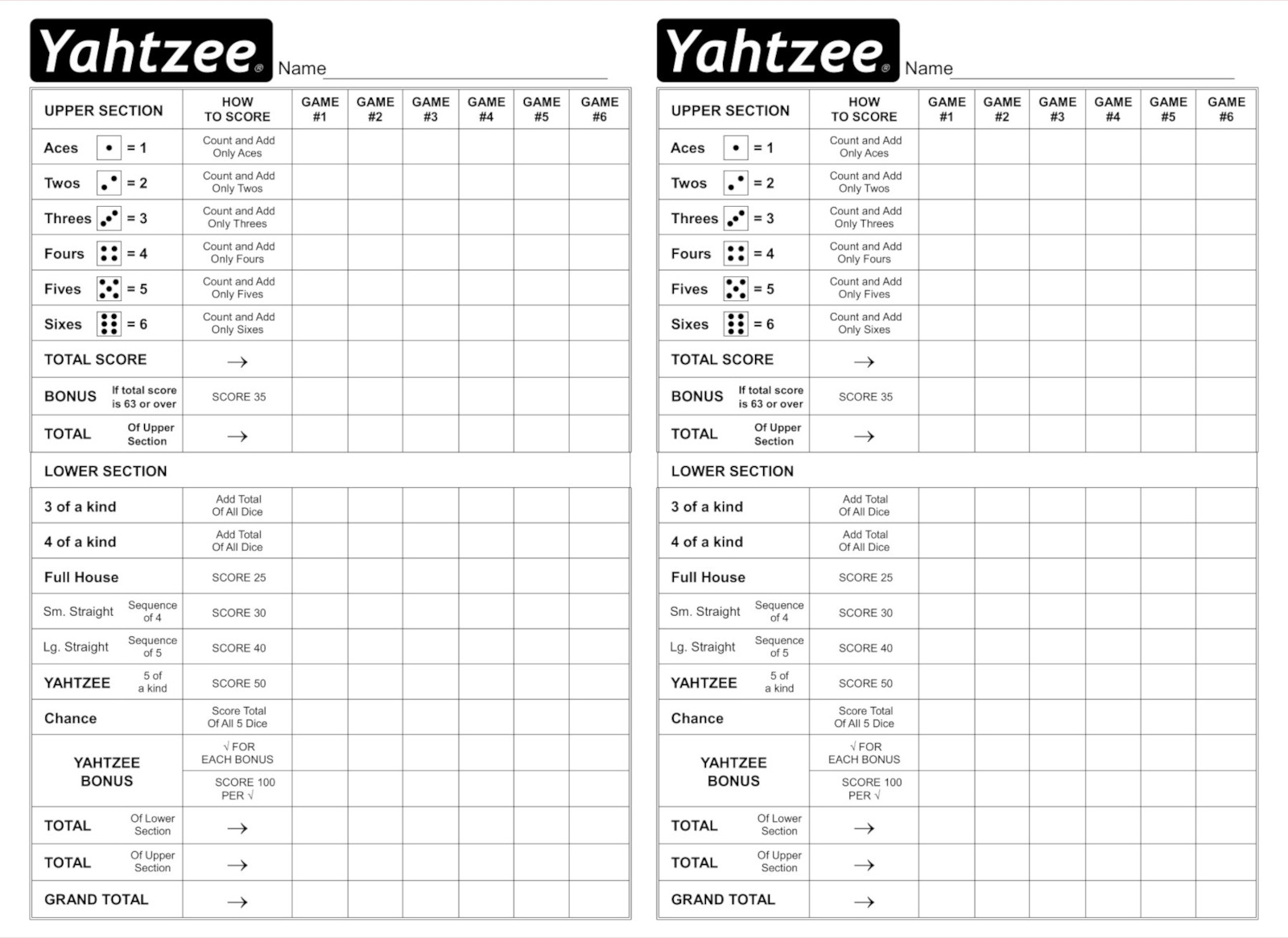 Free Printable Yardzee Score Card