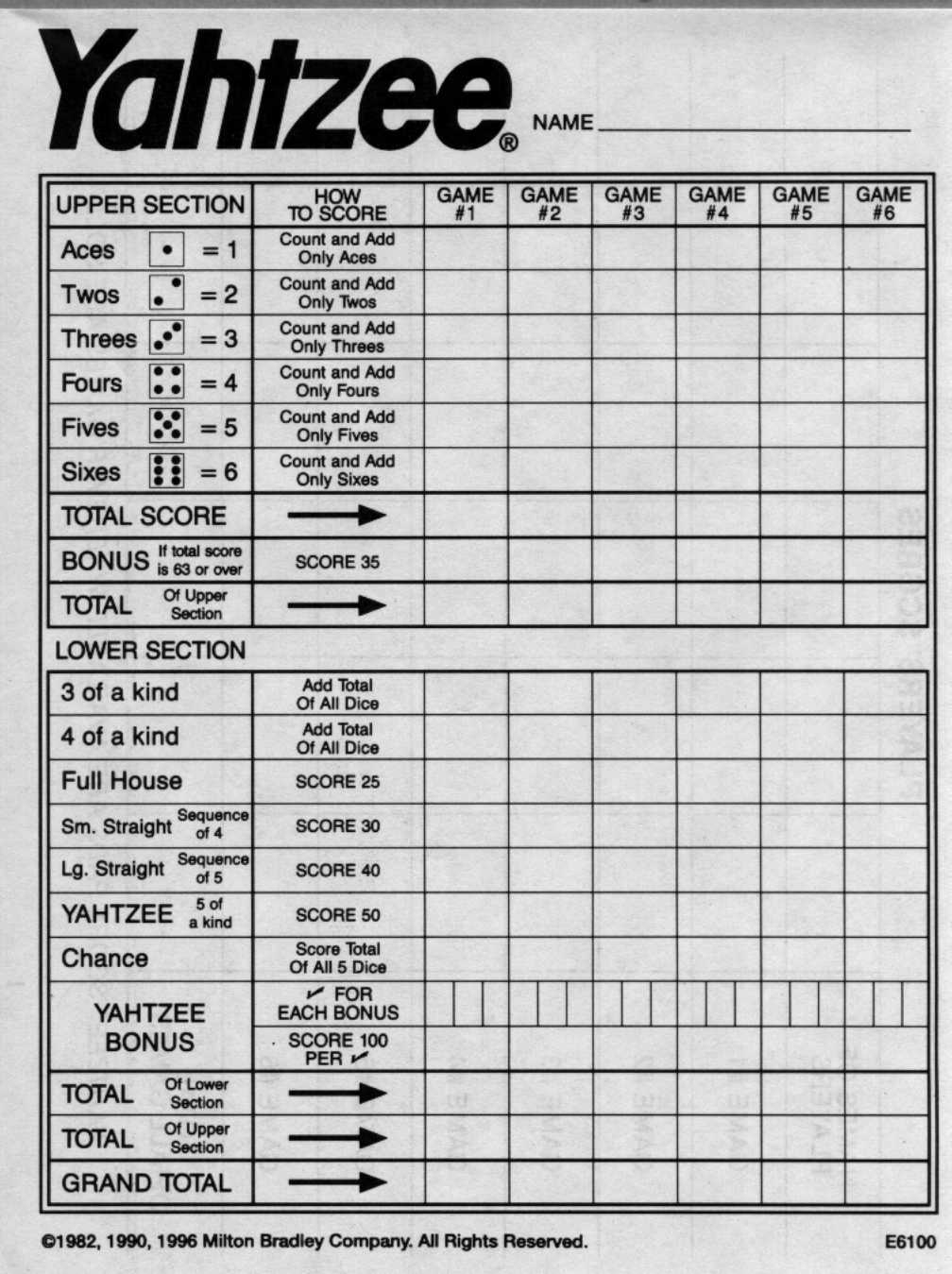 Free Printable Yard Yahtzee Rules