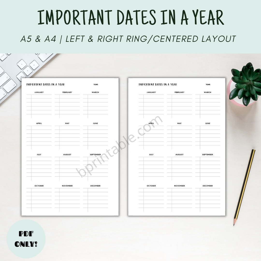 Yearly Important Dates Template Keep Track Of Key Events