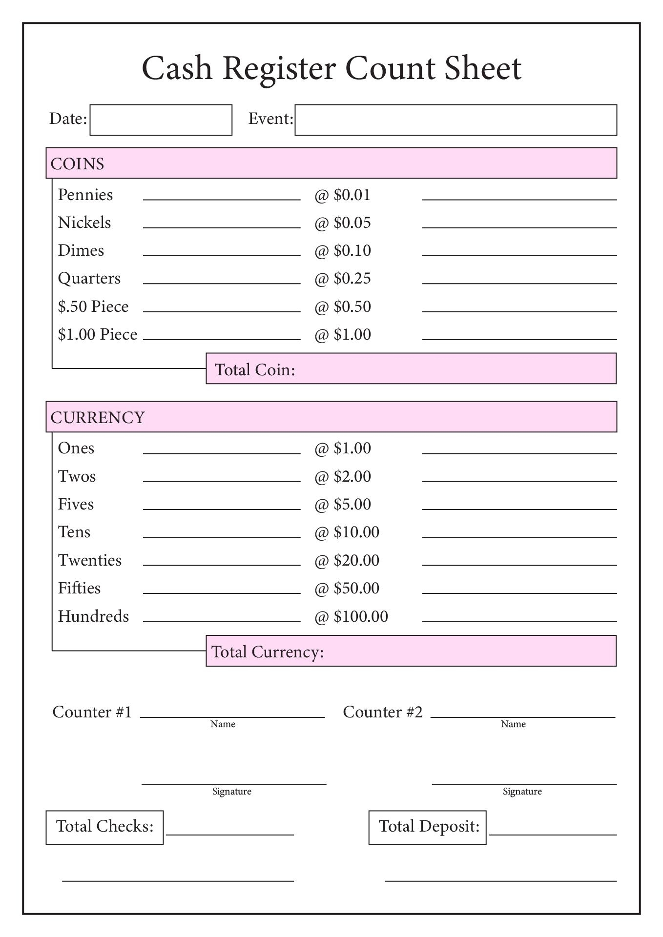 19 Cash Count Worksheet
