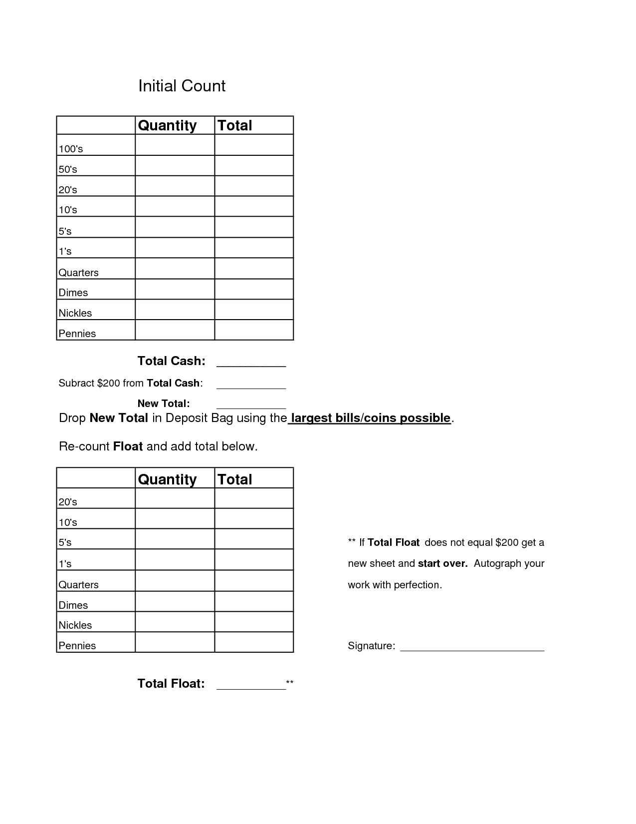 19 Cash Count Worksheet