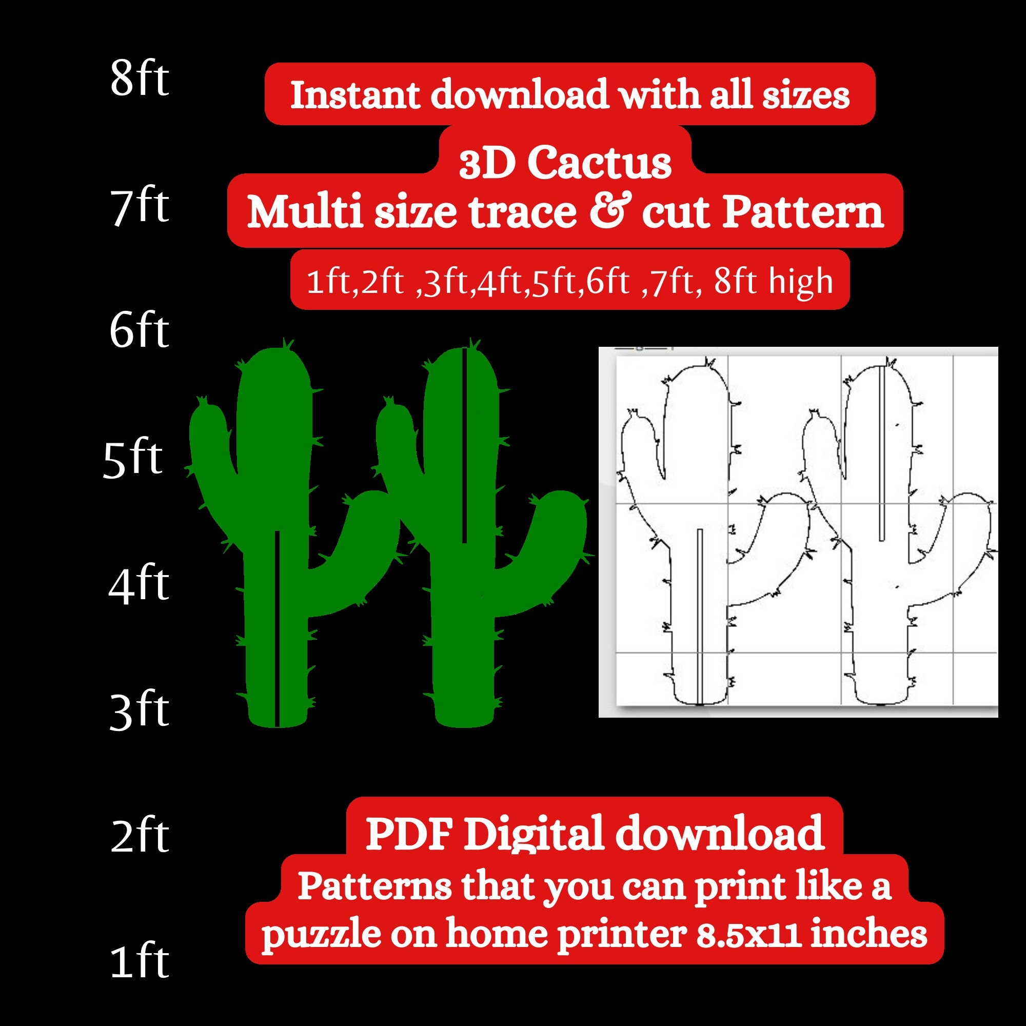 1ft 3ft 4ft 5ft 6ft 8ft 3D Cactus PDF Template printable Trace And Cut Desert Cacti Sign Template Stencils Cardboard Cutout Stencil Etsy