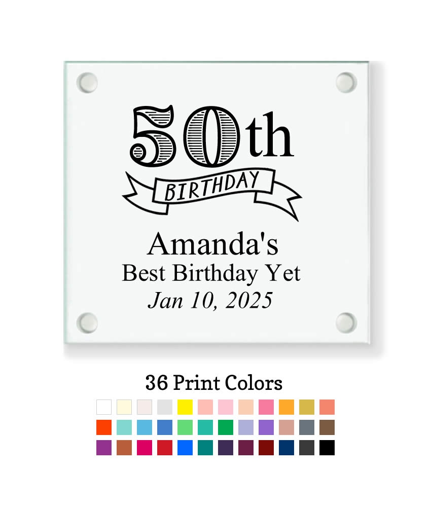50 Birthday Banner Personalized Glass Coasters FREE Rush