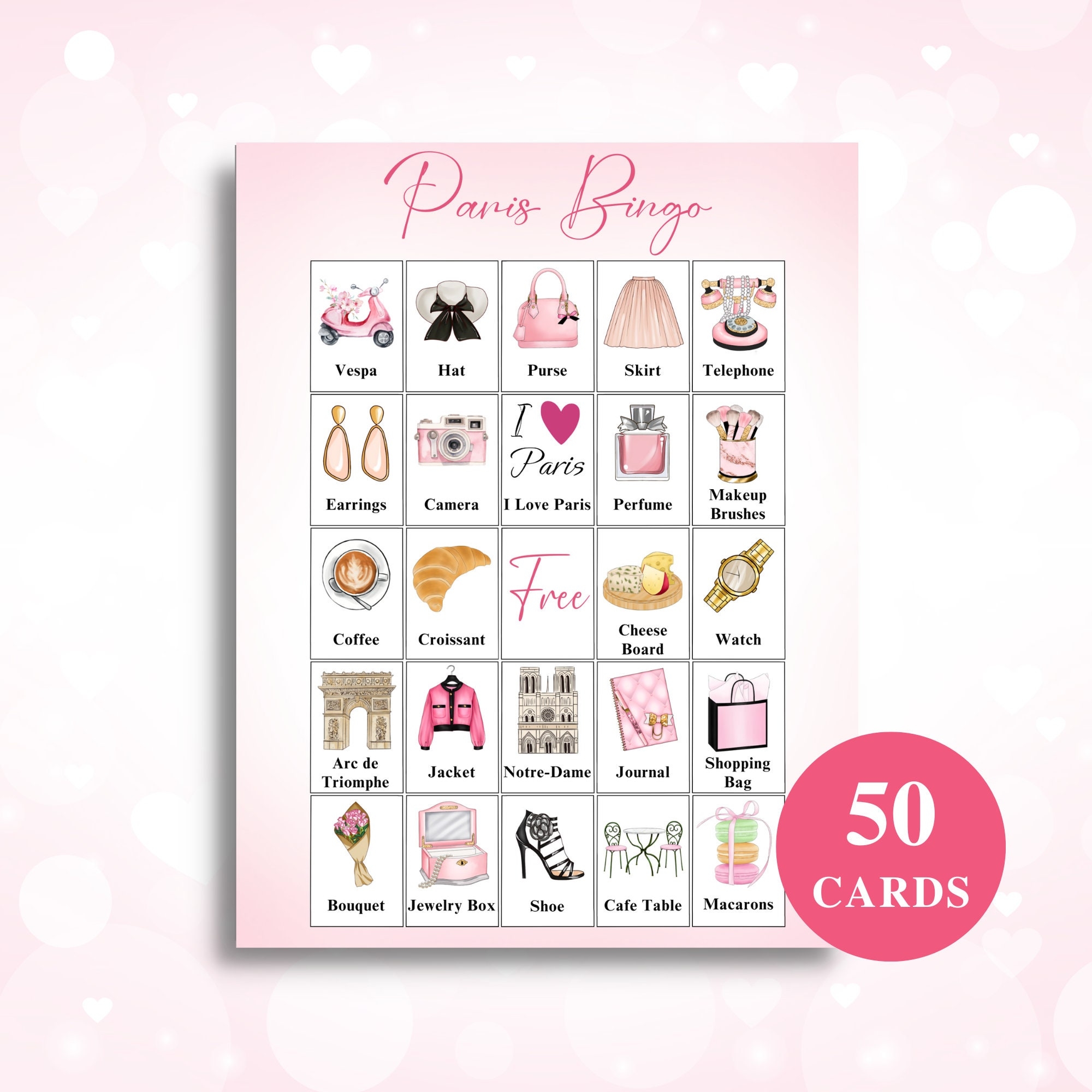 50 Printable Paris Bingo Cards Paris Themed Bingo Cards For A Birthday Party Bridal Shower Or Bachelorette Party DOWNLOAD Etsy