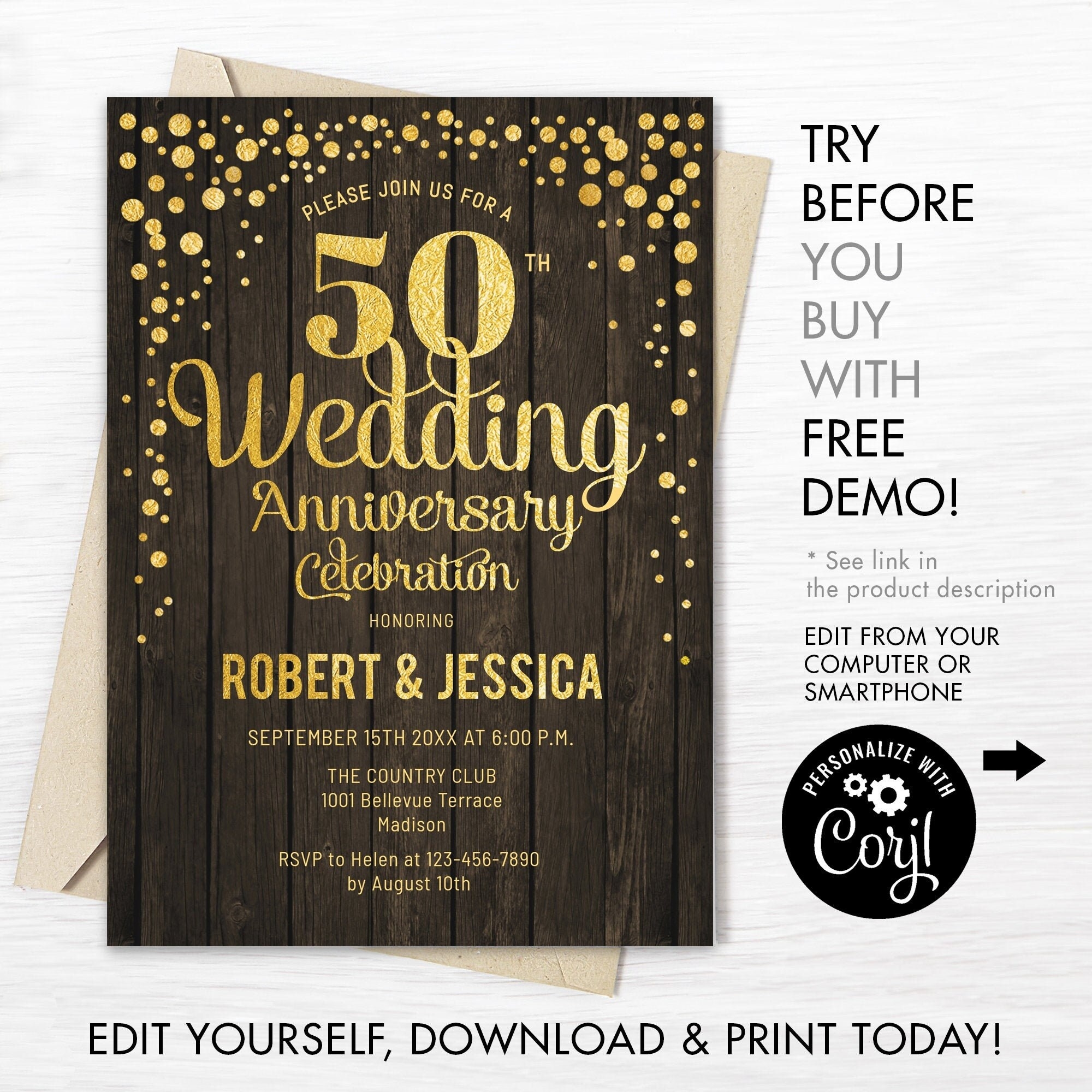 50th Wedding Anniversary Party Invitation INSTANT DOWNLOAD Digital Template ANY Year Of Marriage Rustic Wood Glitter Gold Foil Etsy