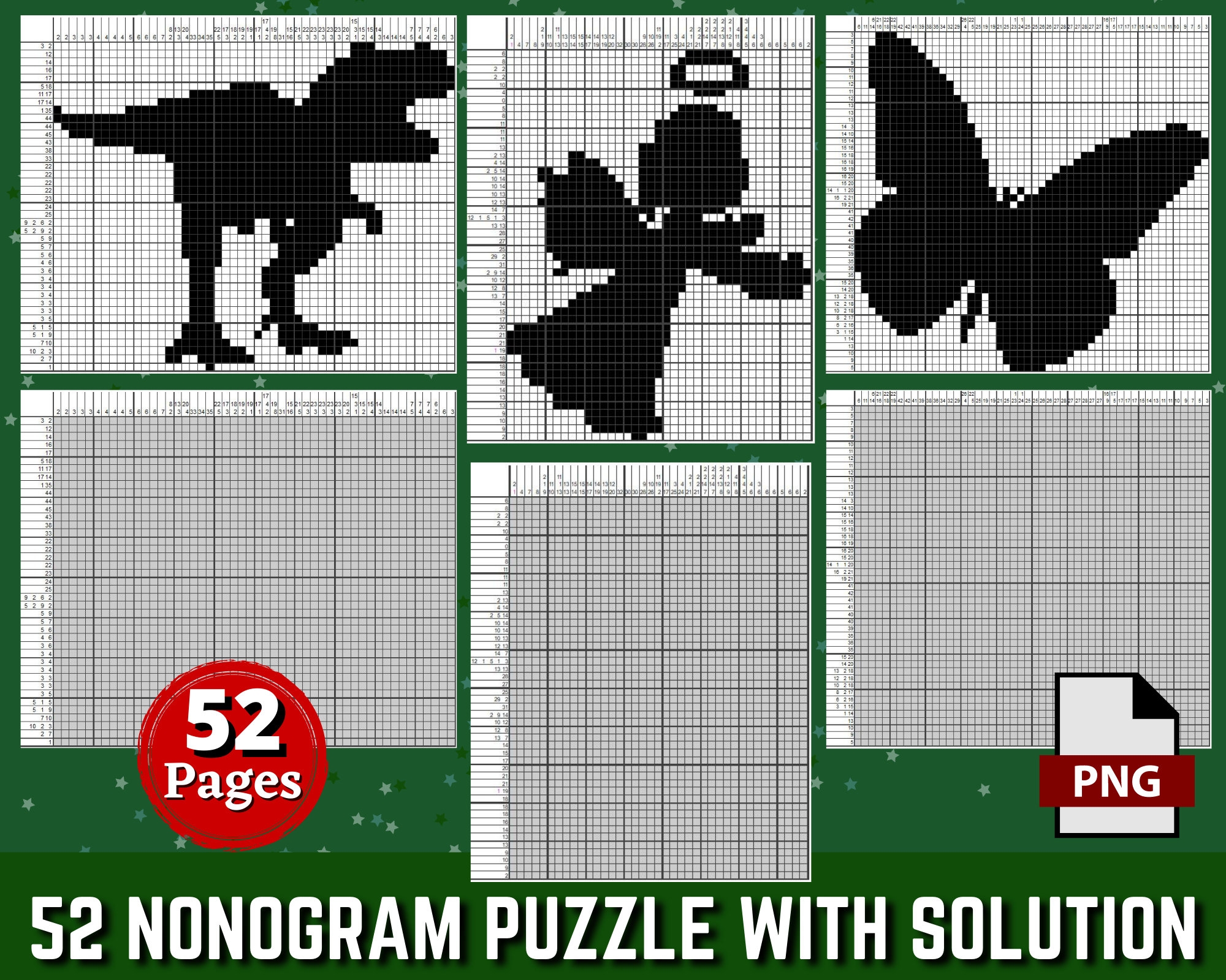 52 Nonograms Japanese Puzzles Puzzle With Solution Griddlers Logic Printable Puzzles Nonogram Logic Puzzles INSTANT DOWNLOAD Etsy