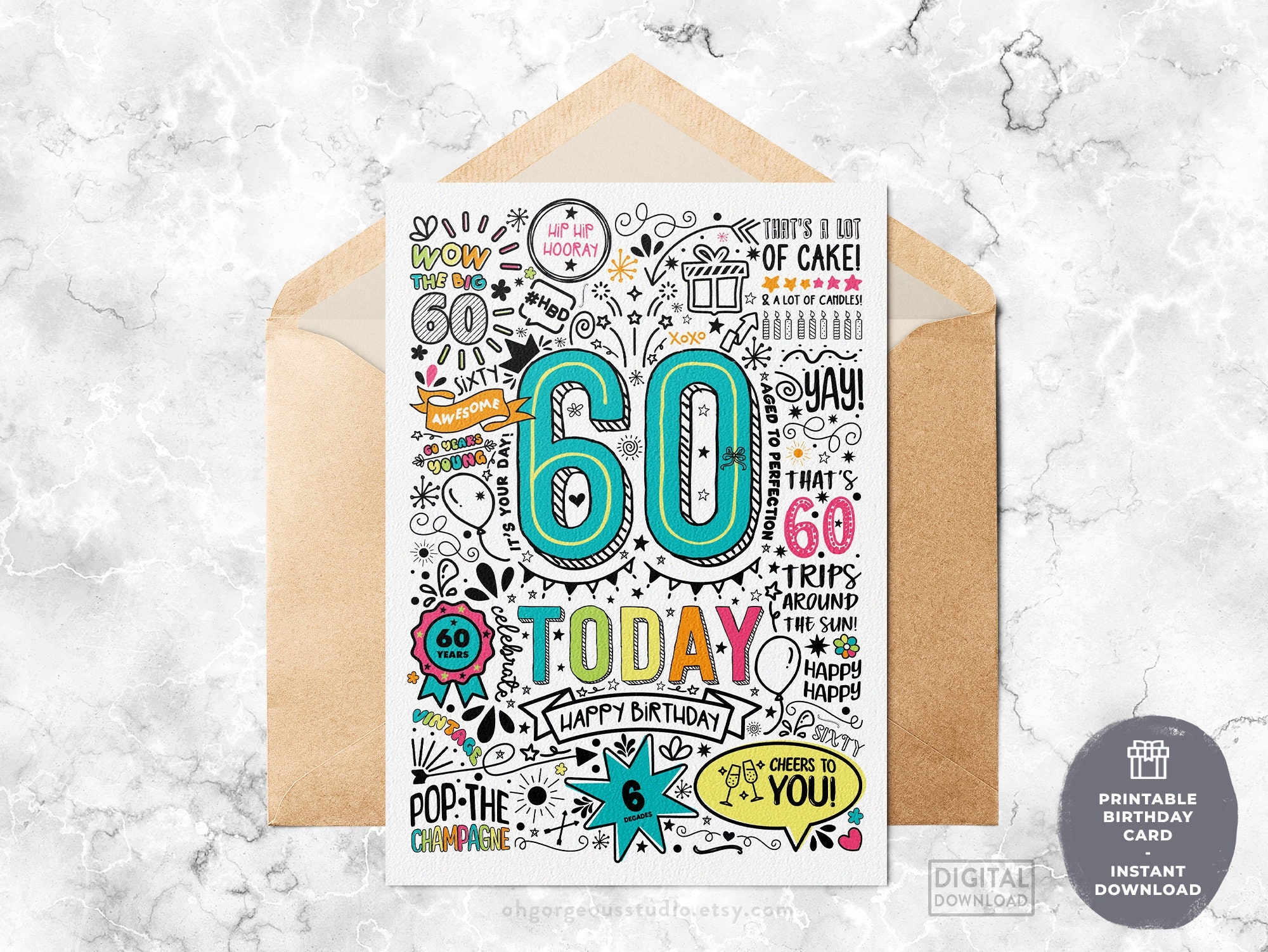 60th Printable Birthday Card 60 Today Birthday Downloadable Card Doodle Style Birthday Card Happy Birthday To You Instant Download Etsy