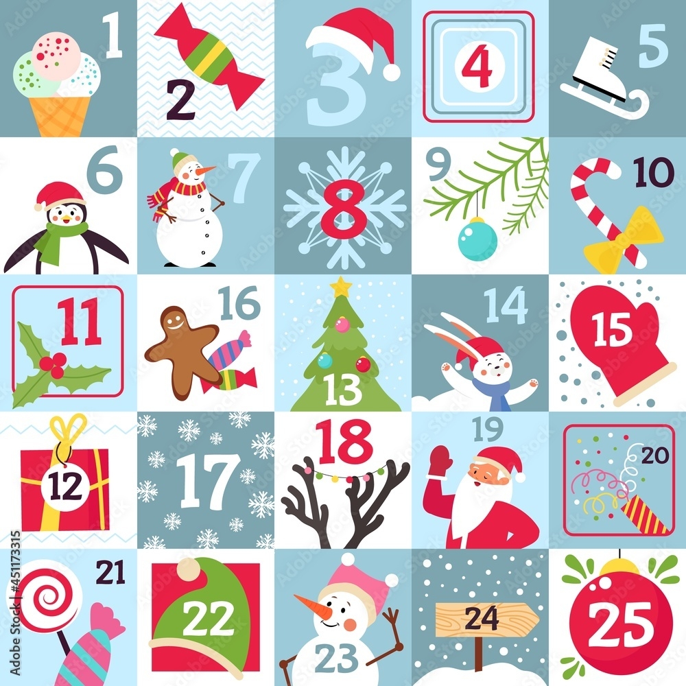 Advent Calendar Printable Christmas Gift Countdown Day Numbers To Holidays Xmas Greetings Festive Cartoon Snowman Print Decent Vector Template Stock Vector Adobe Stock