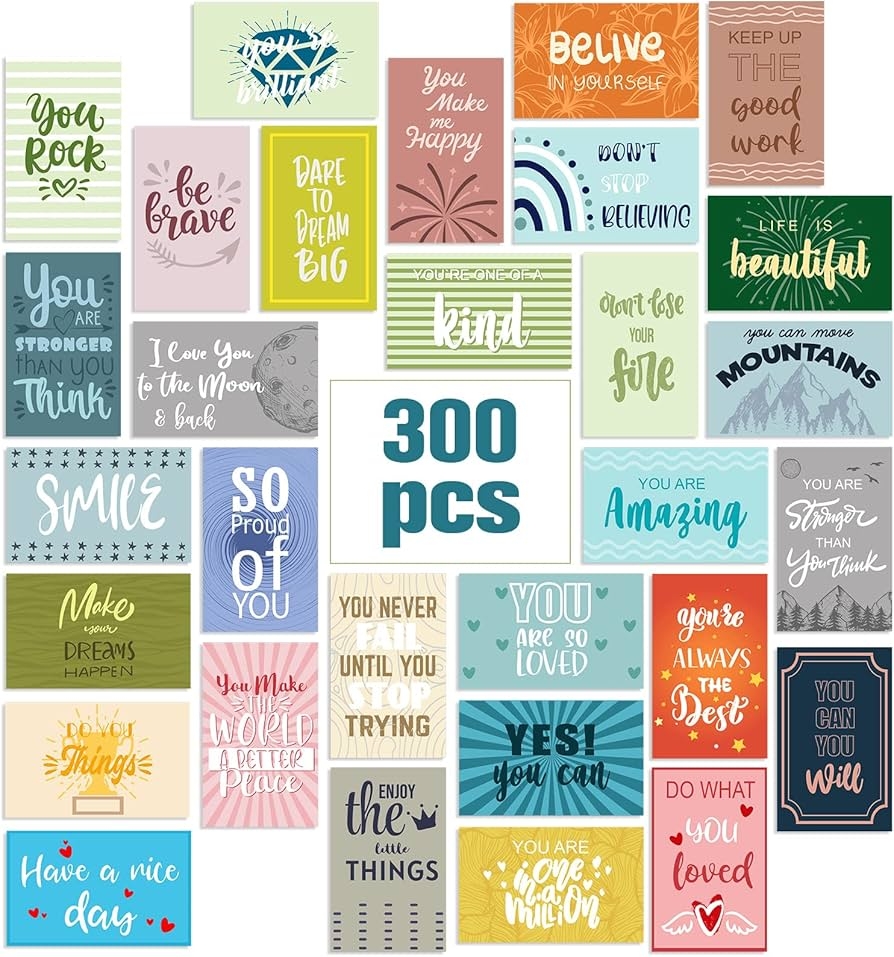 Amazon 300 Pcs Inspirational Cards Encouragement Cards Mini Positive Affirmations Cards Colored Kindness Motivational Cards Appreciation Cards For Business Student Kids Teachers Gifts 30 Styles 2 X 3 2 Inch Office Products