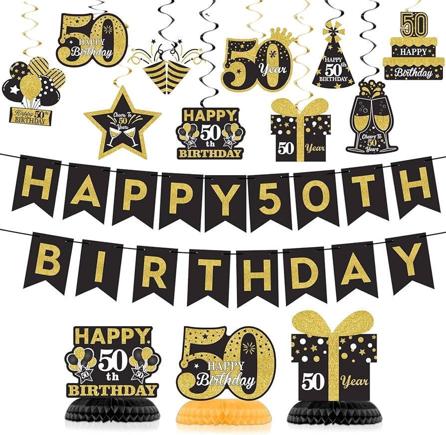 Amazon 50th Glitter Black Gold Birthday Banner Party Decorations Happy 50th Birthday Decorations Hanging Swirls Banner Honeycomb Centerpieces For Men Women Happy 50 Years Old Bday Party Toys Games