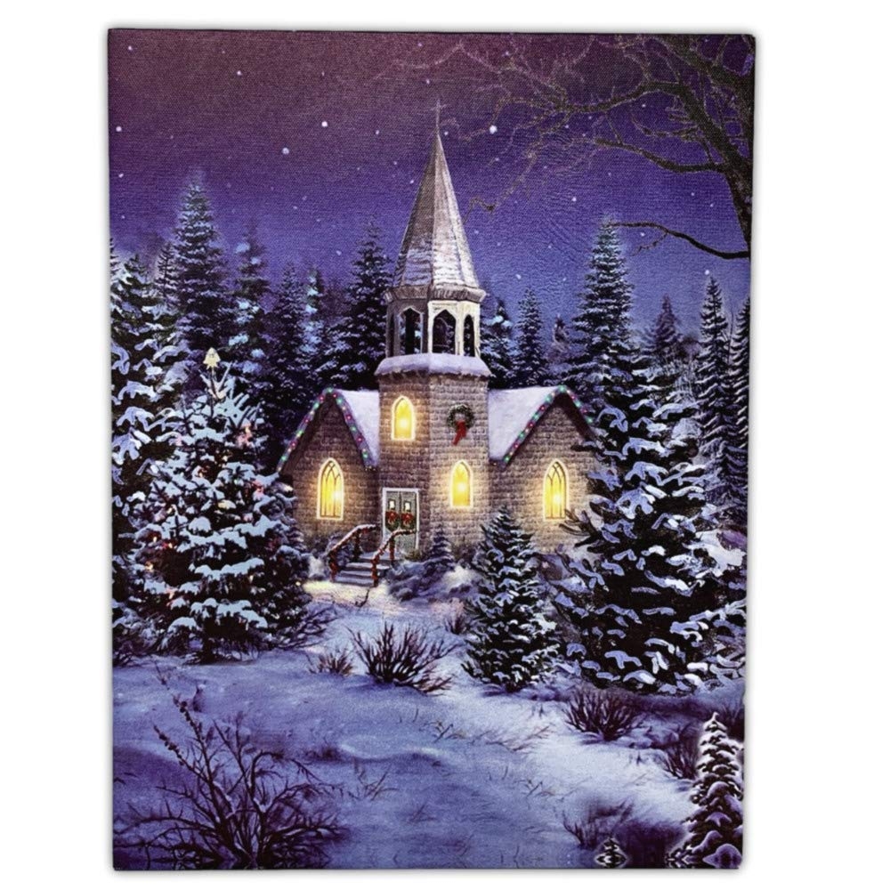 Amazon BANBERRY DESIGNS Church With Steeple In Grove Of Snow Flocked Trees Canvas Print Church At Night Lighted LED Christmas Winter Scene Posters Prints