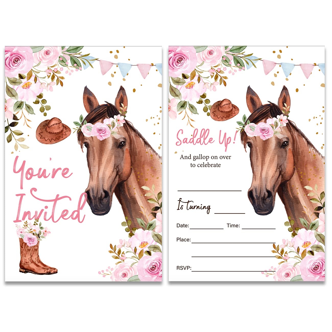 Amazon Floral Horse Birthday Party Invitations With Envelopes Set Of 20 Girl Saddle Up Watercolor Cowgirl Horse Invitations Invites Fill In Blank Home Kitchen