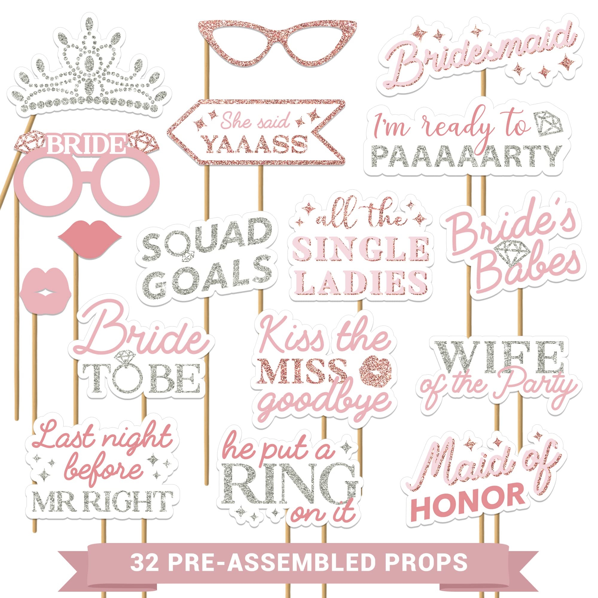 Amazon Fully Assembled Bachelorette Photo Booth Props Set Of 32 Rose Gold Pink Silver Signs Wedding Bridal Shower Bachelorette Party Supplies Decorations With Real Glitter Did We