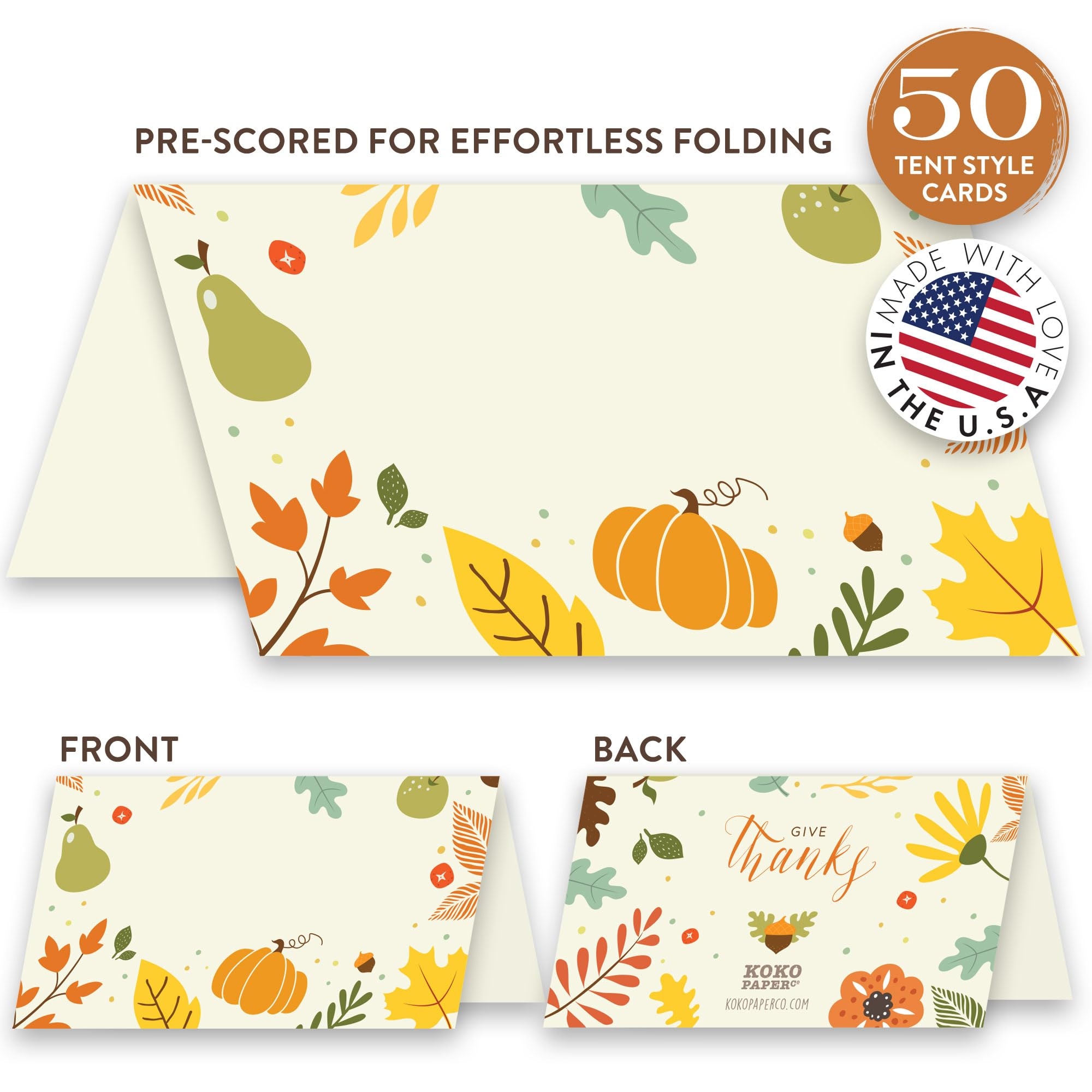 Amazon Koko Paper Co Thanksgiving Place Cards With Pumpkin And Autumn Foliage Pack Of 50 Tent Style Cards For Thanksgiving And Other Fall Autumn Events No Holder Necessary Home Kitchen