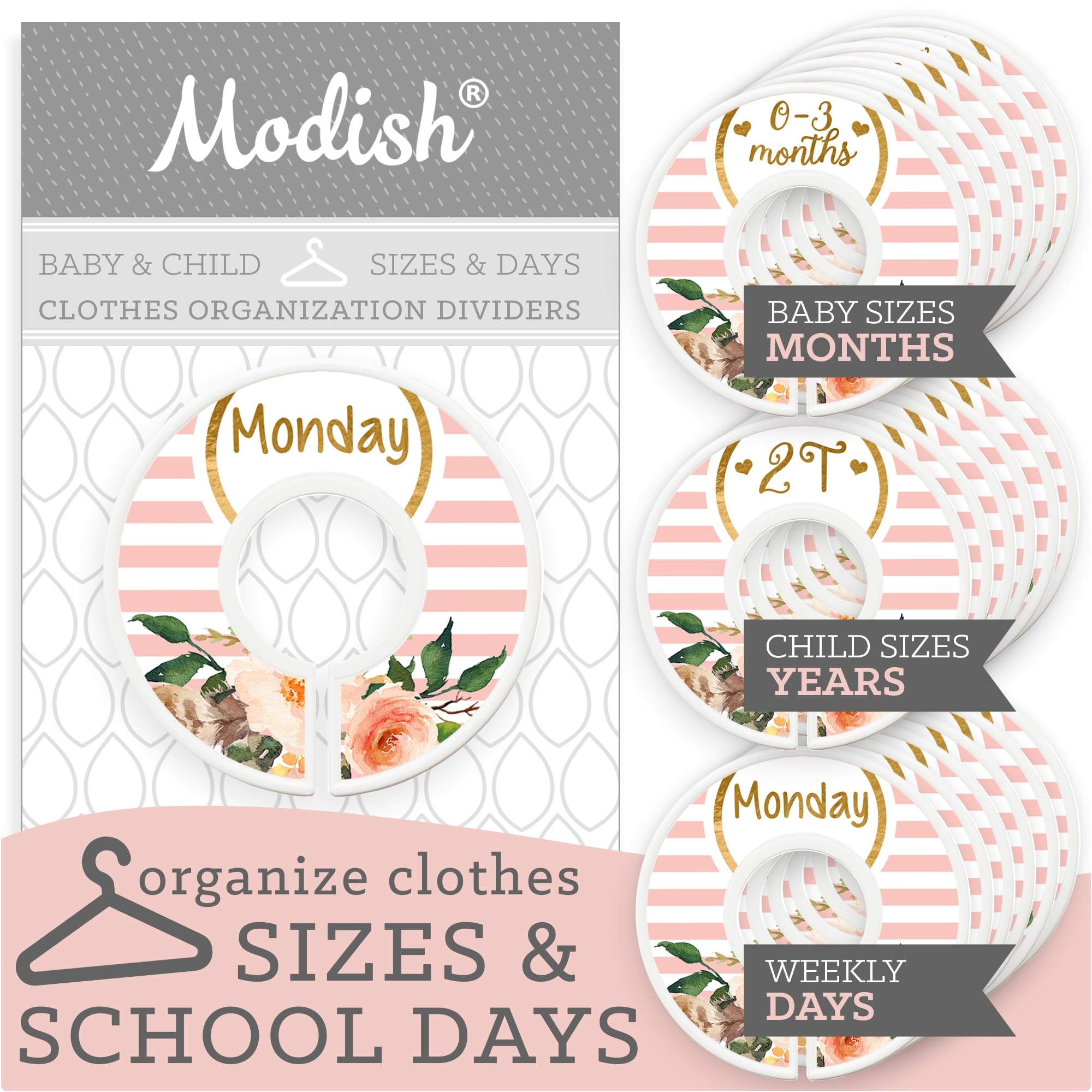 Amazon Modish Labels Days Of The Week Clothes Organizer Weekly Monday Through Friday Kids Closet Organization Hanging School Clothes Organizers Sets Girl Pink Stripes Gold Boho Floral Children Room D cor Home