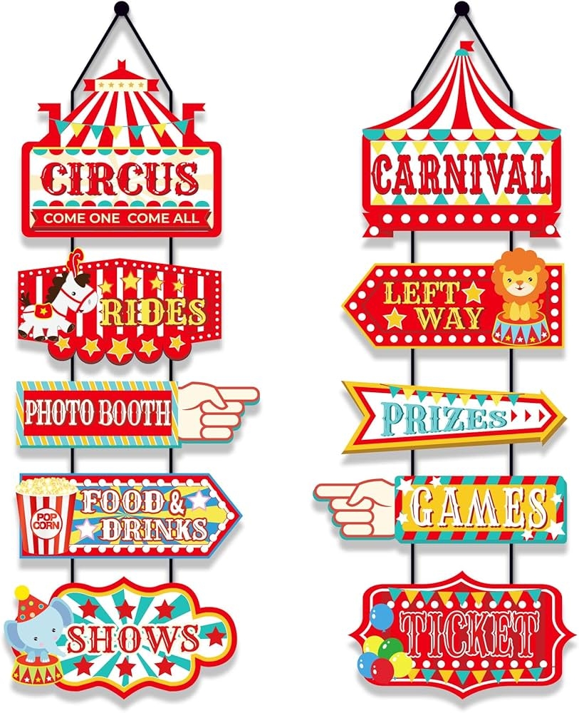 Amazon PGSWEER Circus Carnival Directional Signs Circus Tent Porch Sign Banner Carnival Theme Ticket Welcome Sign Front Door Party Indoor Outside Kids Decor Supplies Toys Games