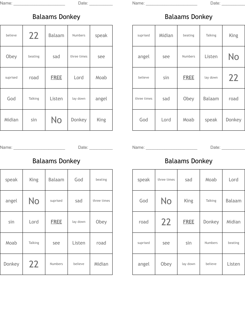 Balaams Donkey Bingo Cards WordMint