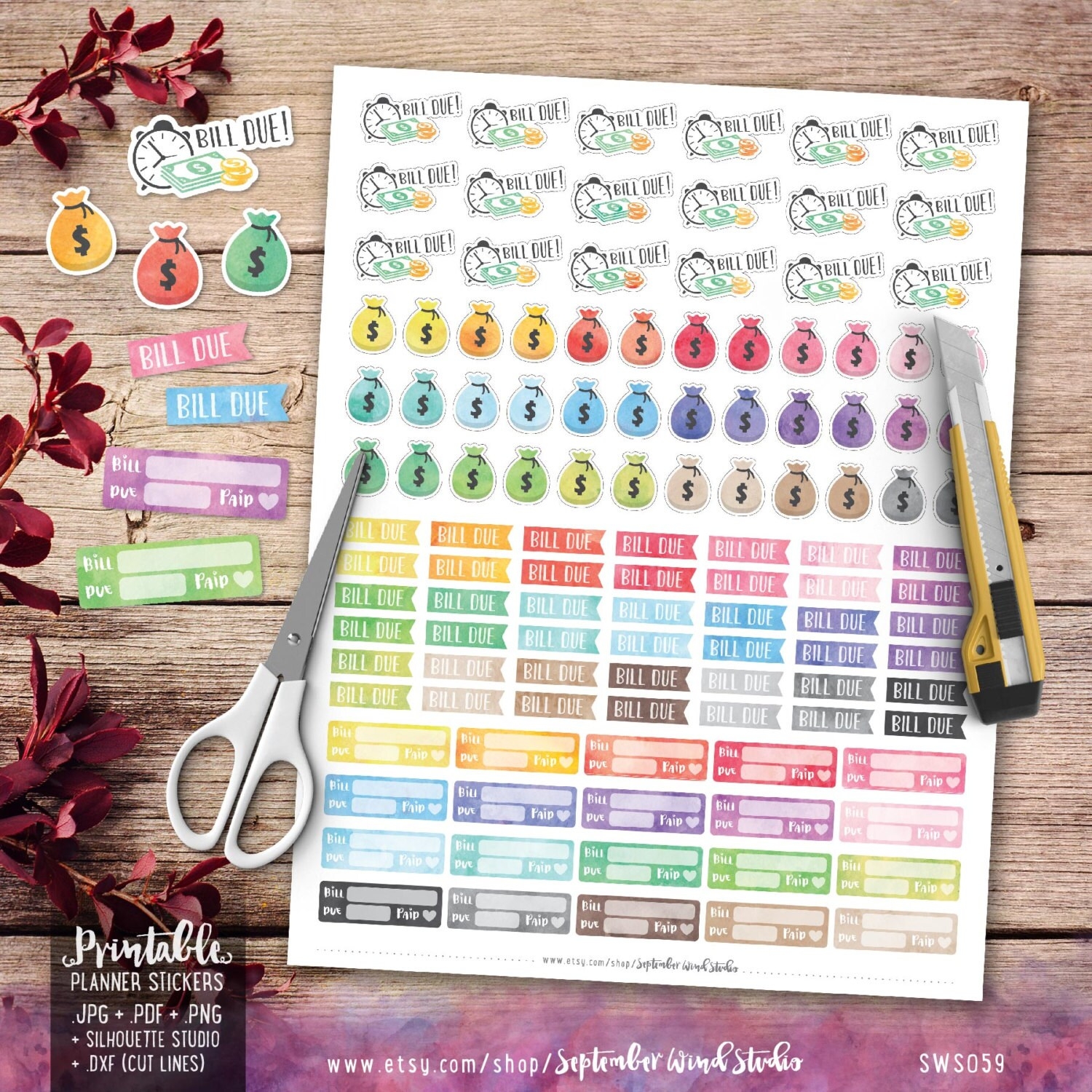 Bill Due Printable Planner Stickers Watercolor Bill Due Stickers Payday Stickers Erin Condren Planner Stickers Cut Files Etsy