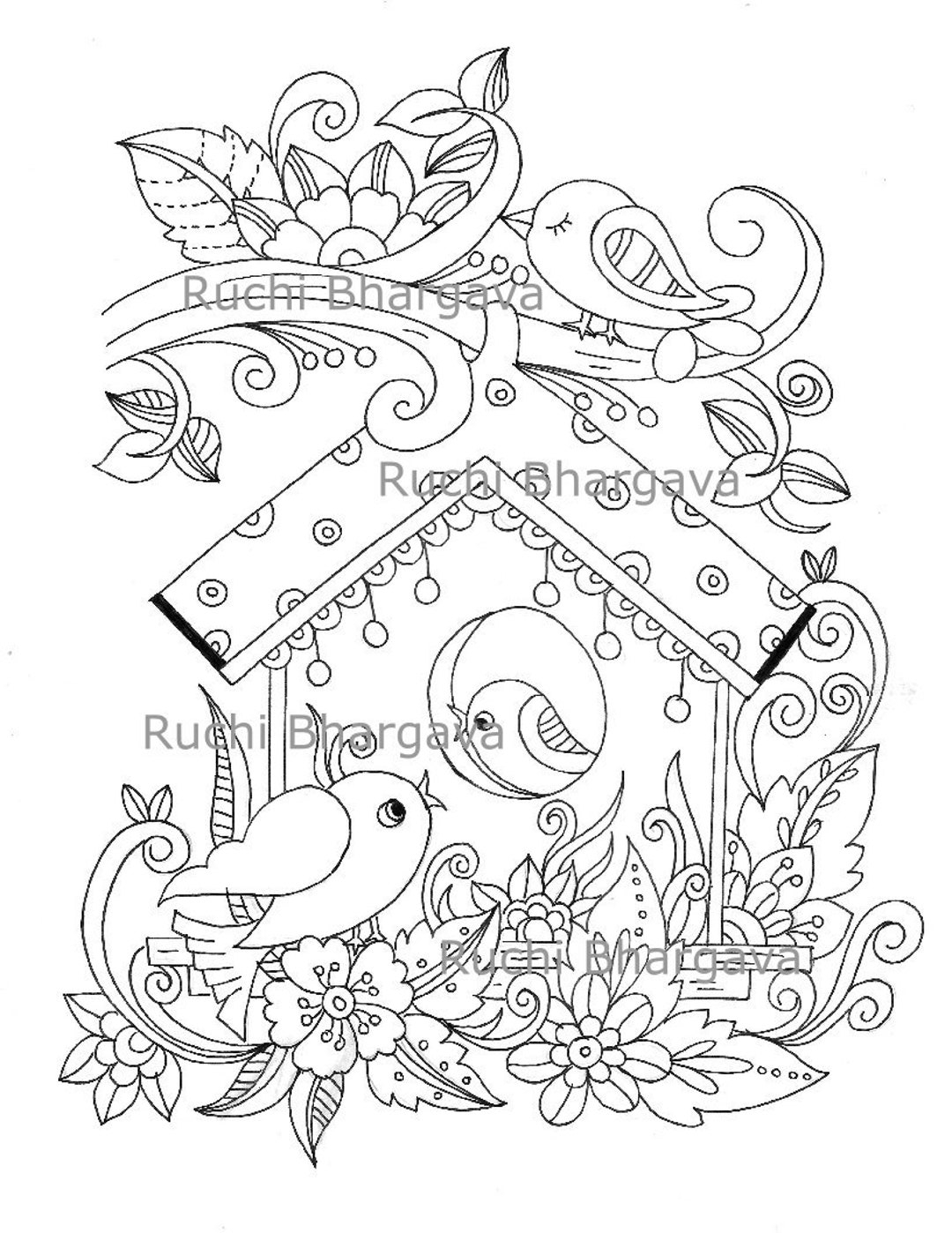Bird House Coloring Pages black And White Line Art Adult Coloring Page Bird Instant Download Etsy