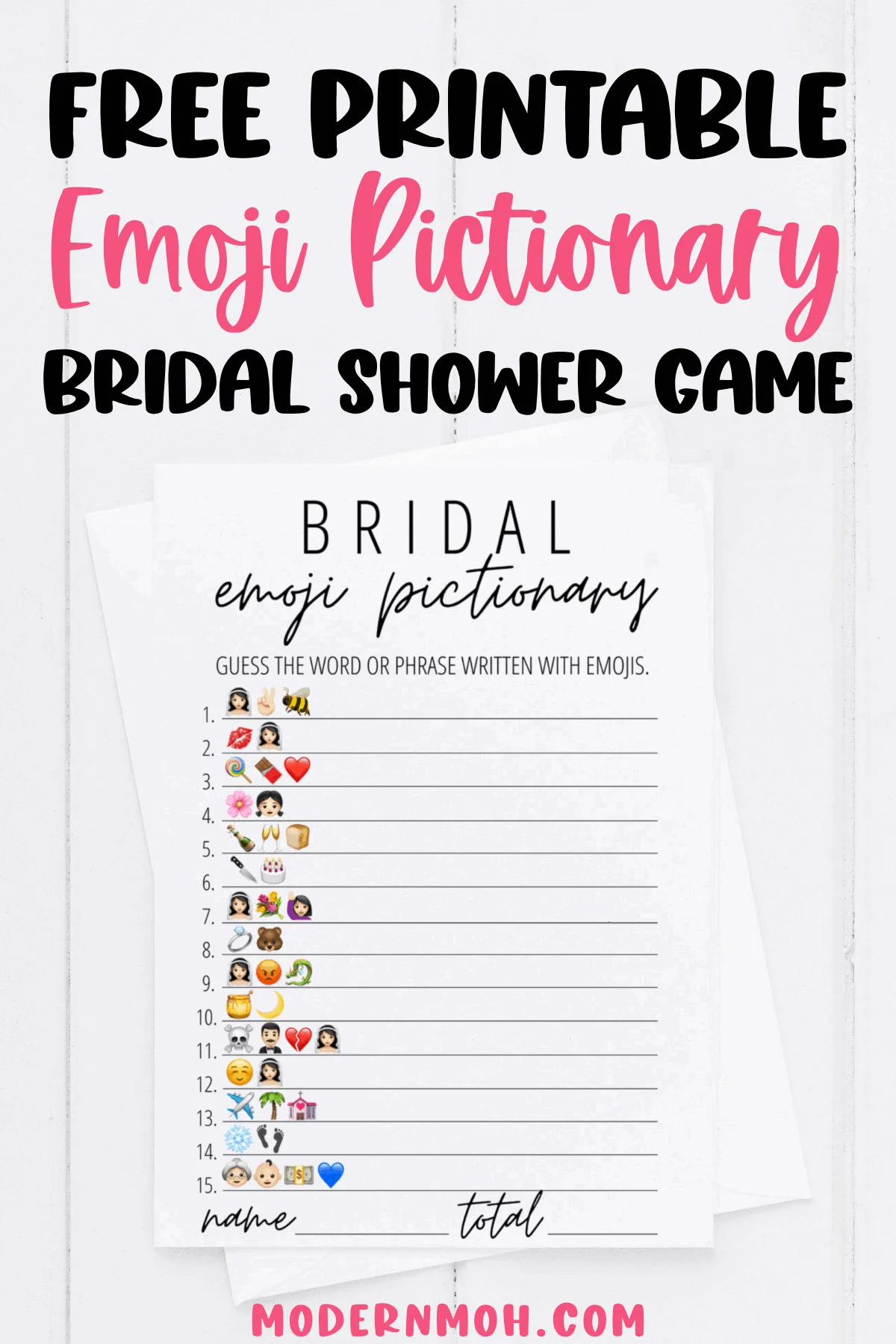 Bridal Emoji Pictionary Free Printable Modern MOH