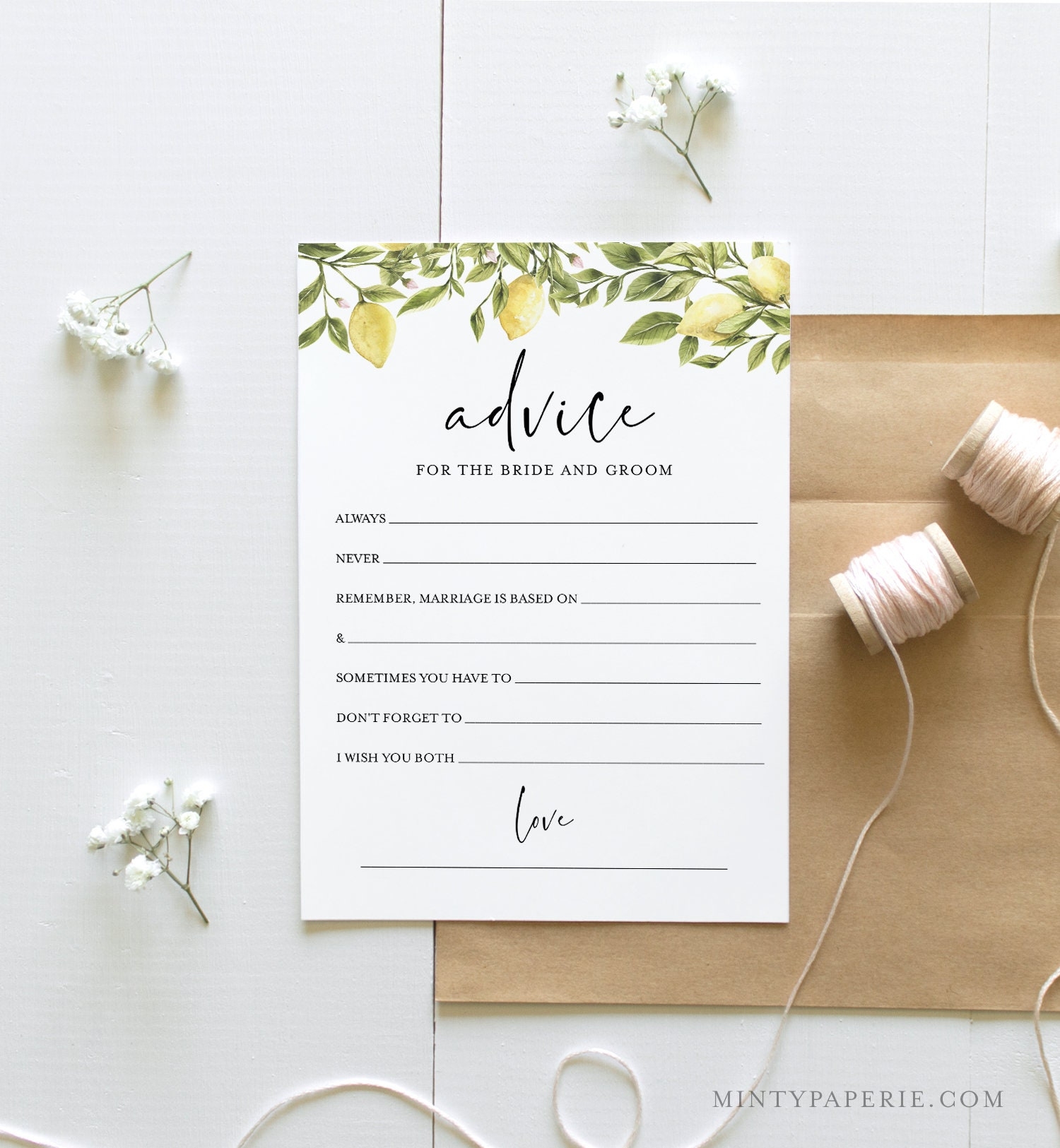 Bridal Shower Advice Card Template Wedding Advice For The Bride And Groom Citrus Lemon Editable Instant Download Templett 089 237BG