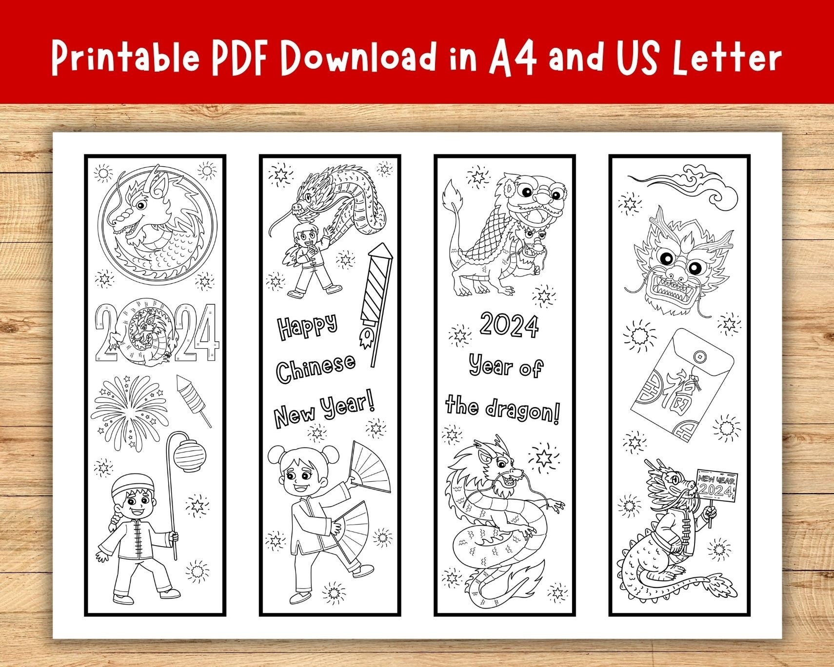 Chinese New Year Coloring Bookmarks Color Your Own Bookmarks Bookmark Printable For Kids Lunar New Year Year Of The Dragon Etsy