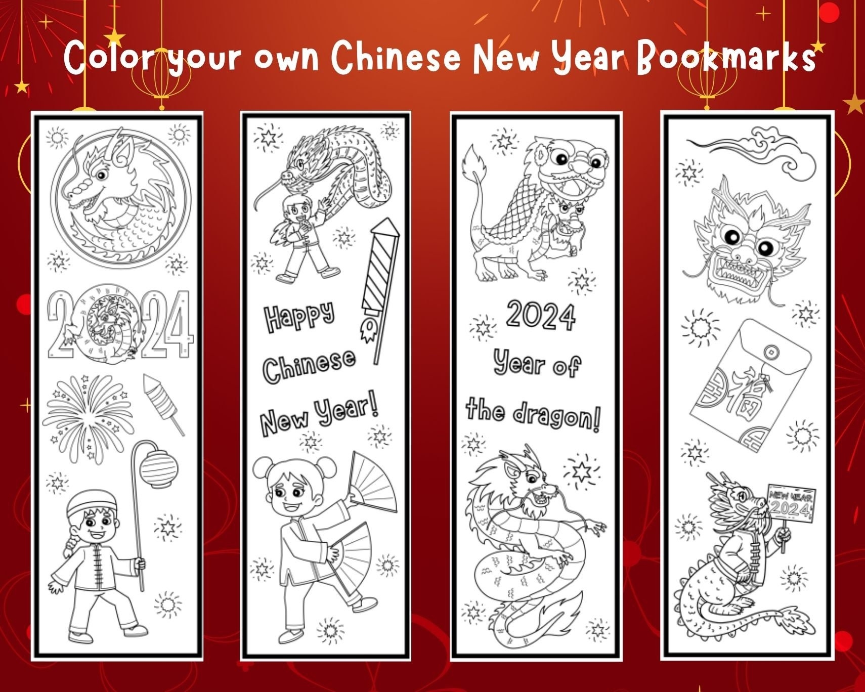 Chinese New Year Coloring Bookmarks Color Your Own Bookmarks Bookmark Printable For Kids Lunar New Year Year Of The Dragon Etsy